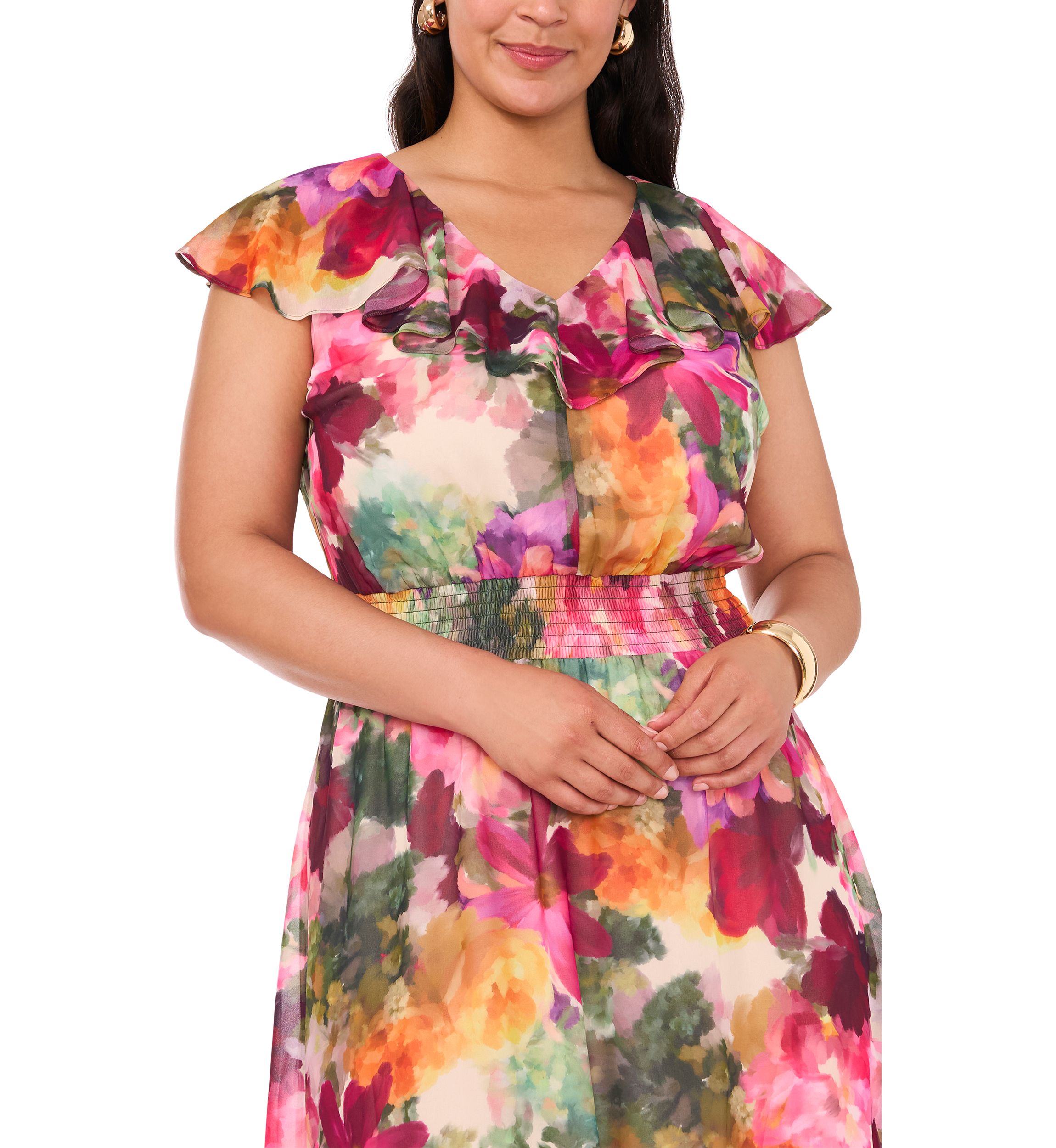 Plus V-Neck Printed Smocked Waist Midi Dress
