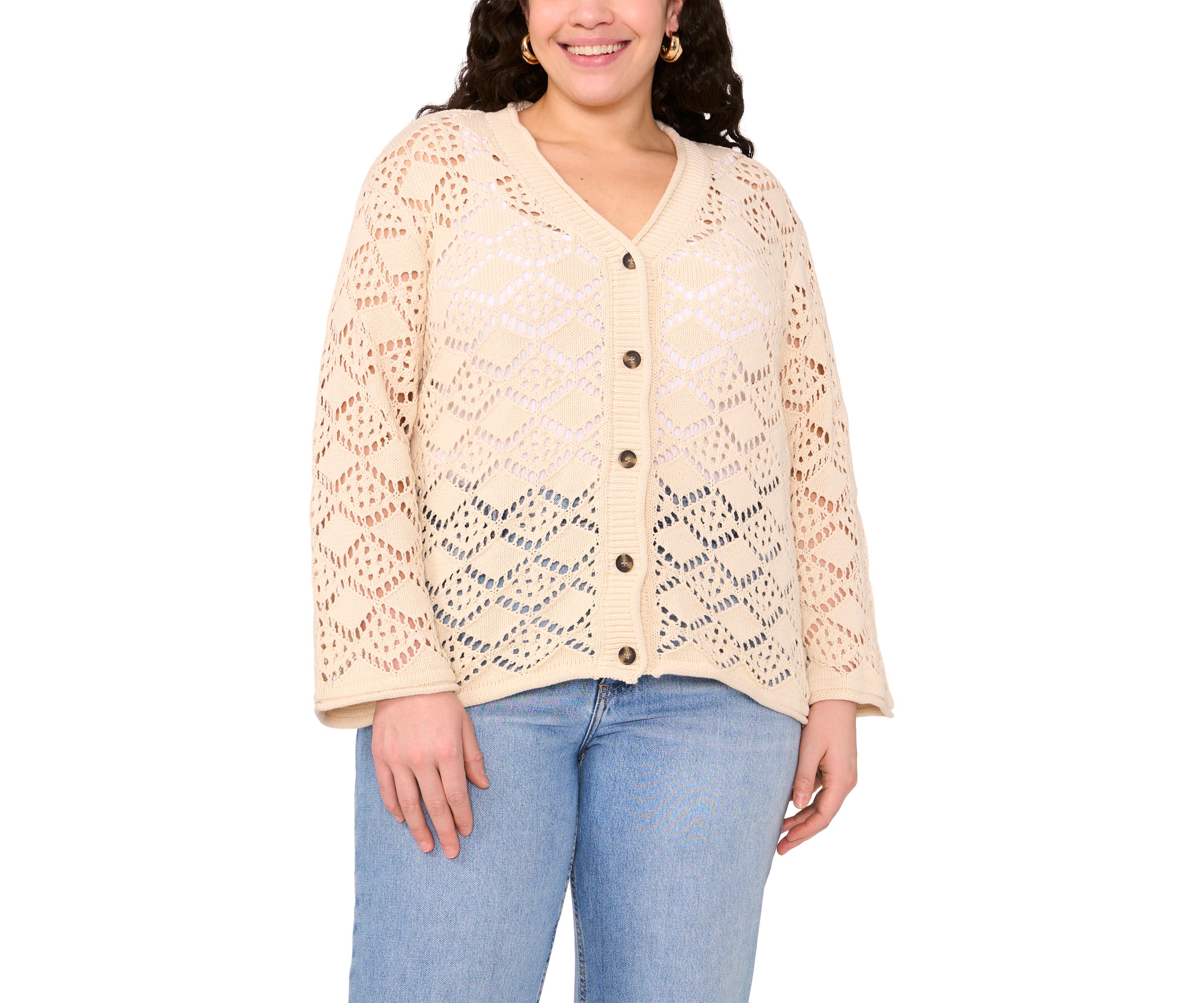 Plus Size V-Neck Pointelle Sweater with Bell Sleeves 