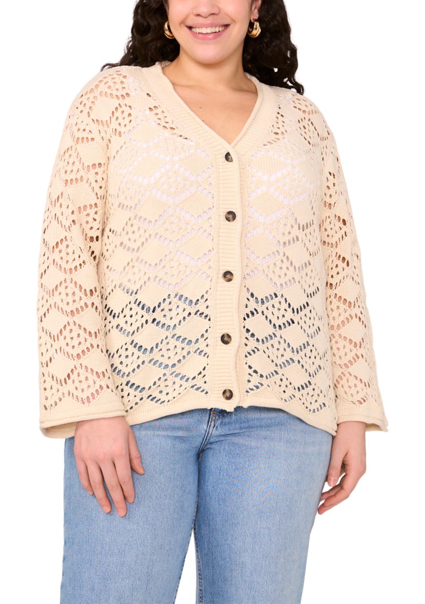Plus Size V-Neck Pointelle Sweater with Bell Sleeves 
