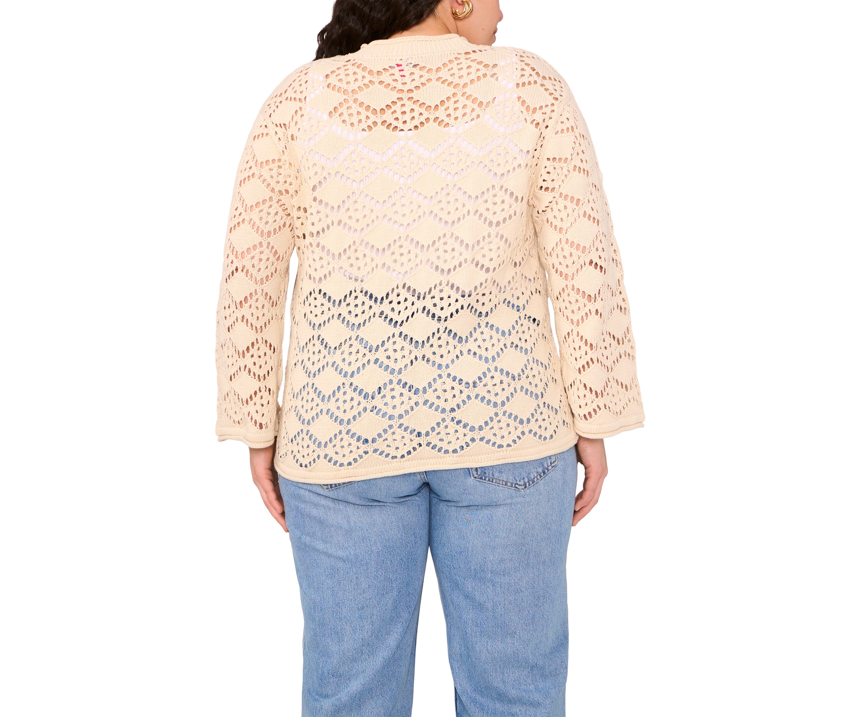 Plus Size V-Neck Pointelle Sweater with Bell Sleeves 