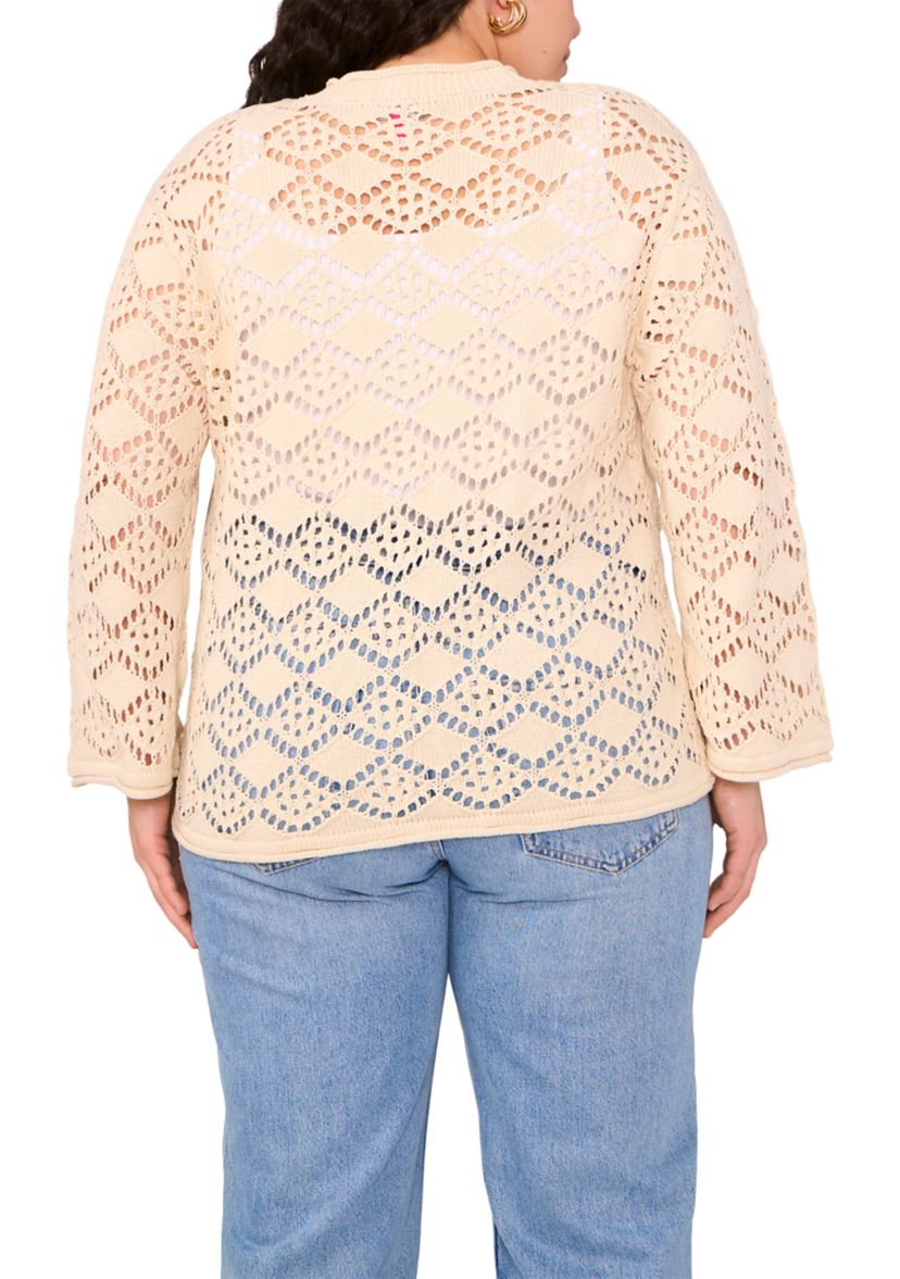 Plus Size V-Neck Pointelle Sweater with Bell Sleeves 