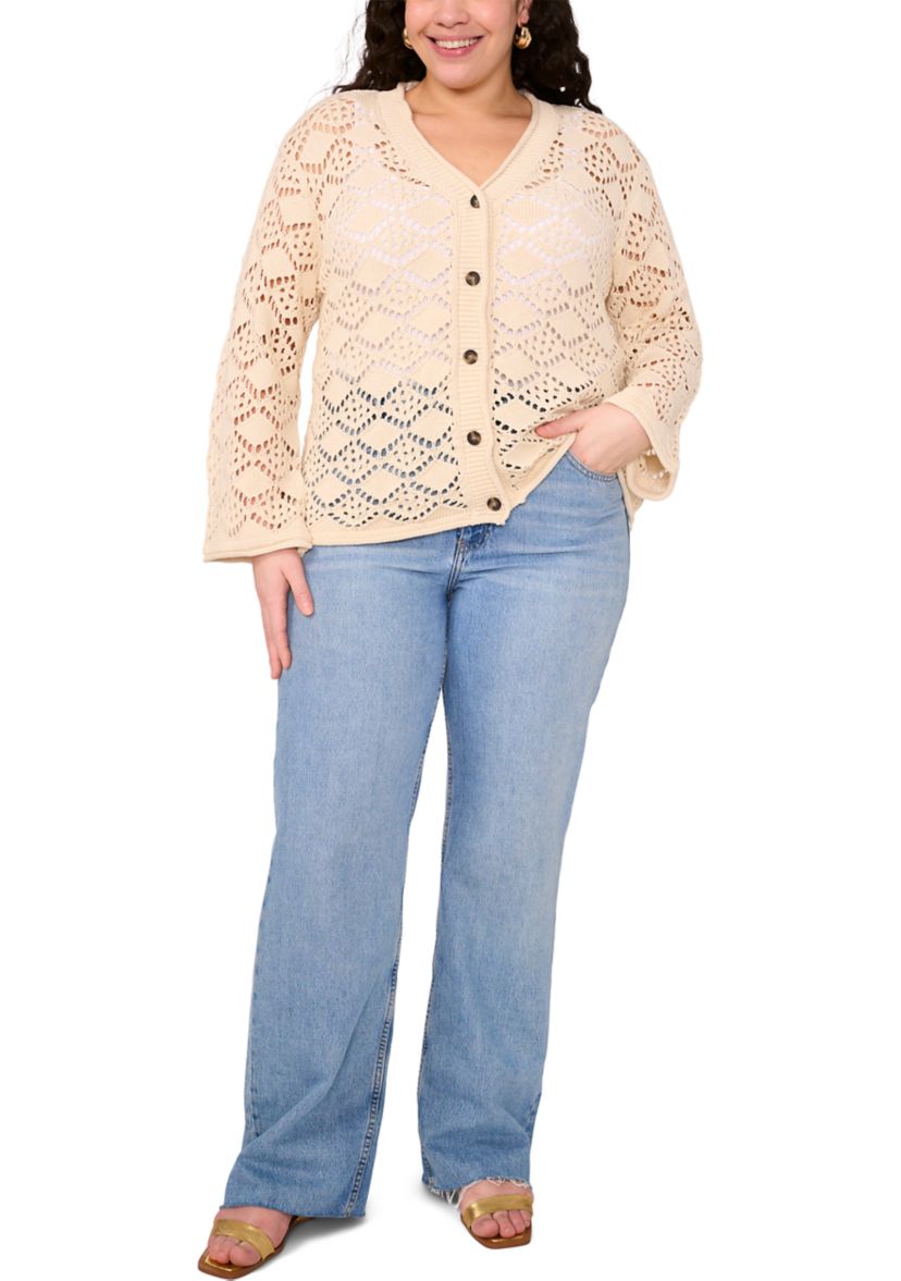 Plus Size V-Neck Pointelle Sweater with Bell Sleeves 
