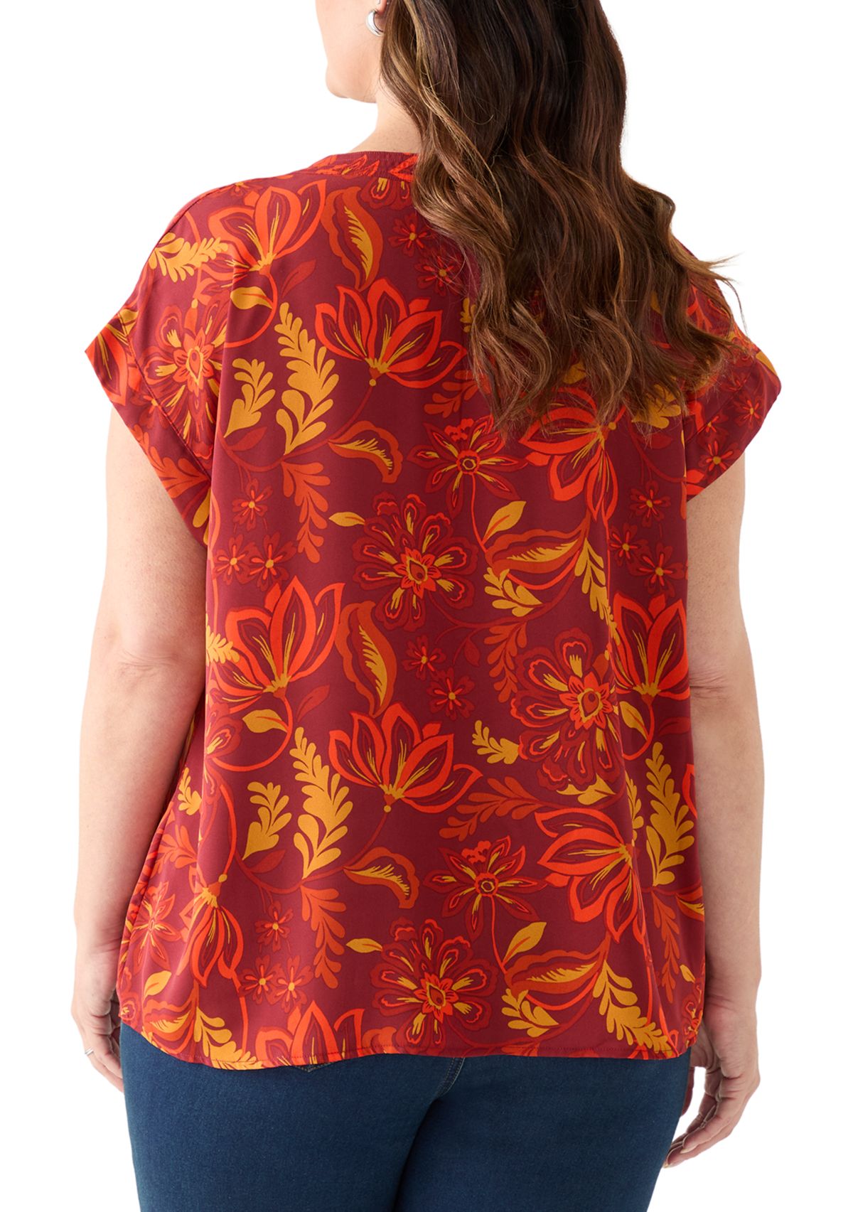 Plus Size Short Sleeve V-Neck Front Placket Blouse