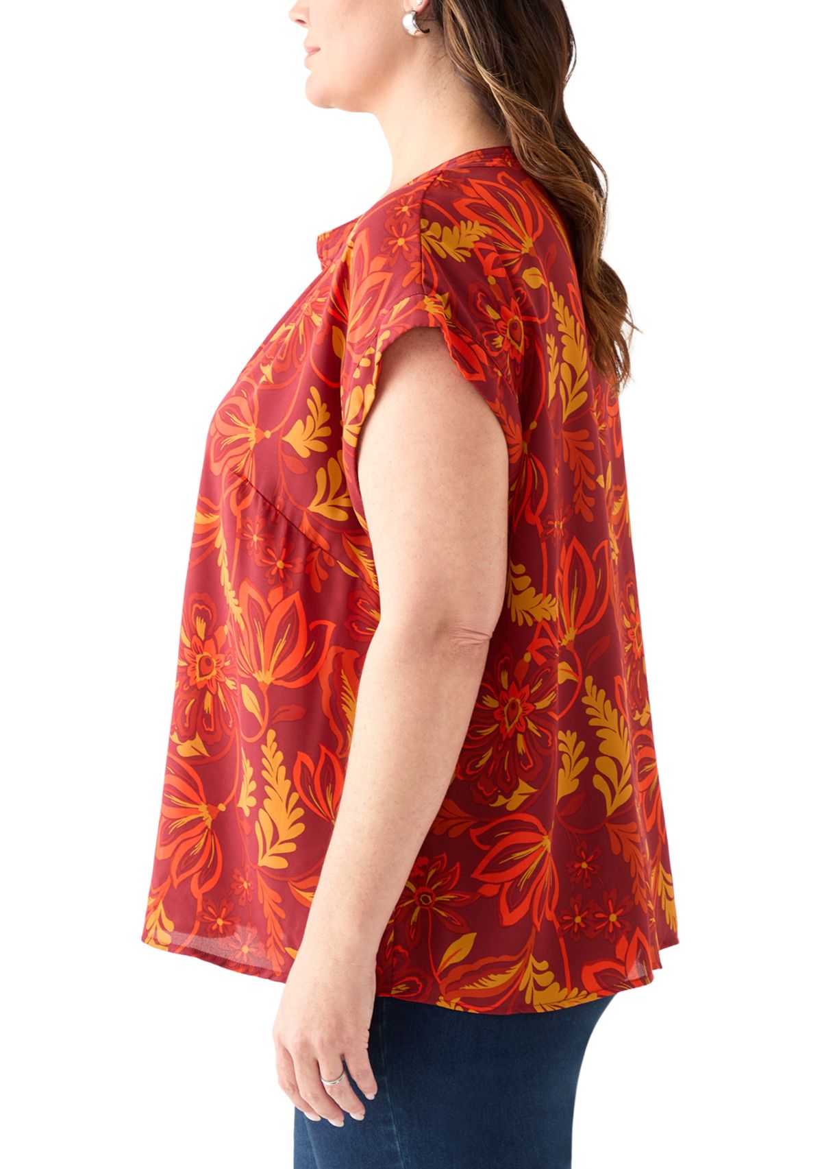 Plus Size Short Sleeve V-Neck Front Placket Blouse