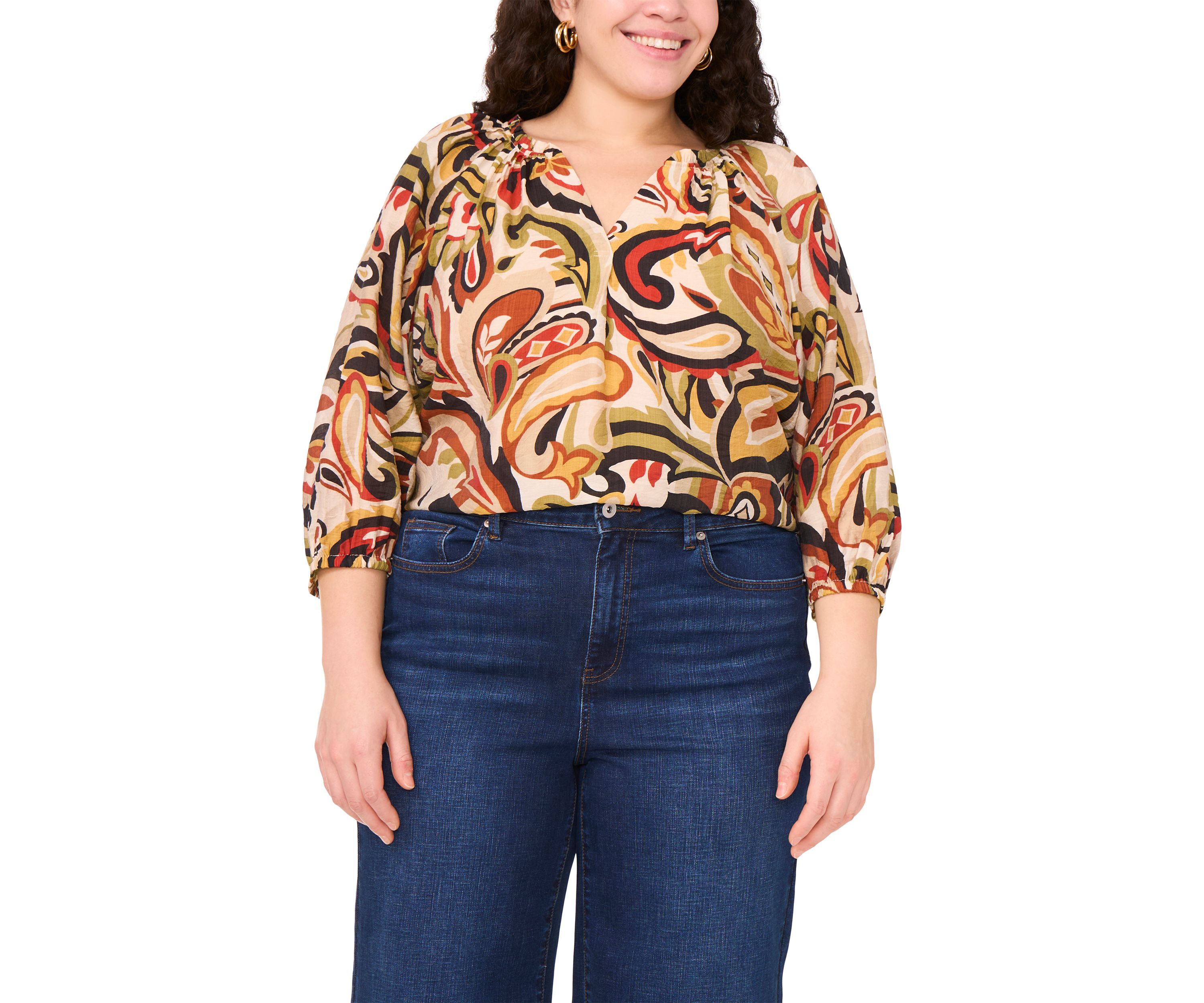 Plus Size 3/4 Sleeve V-Neck Blouse 