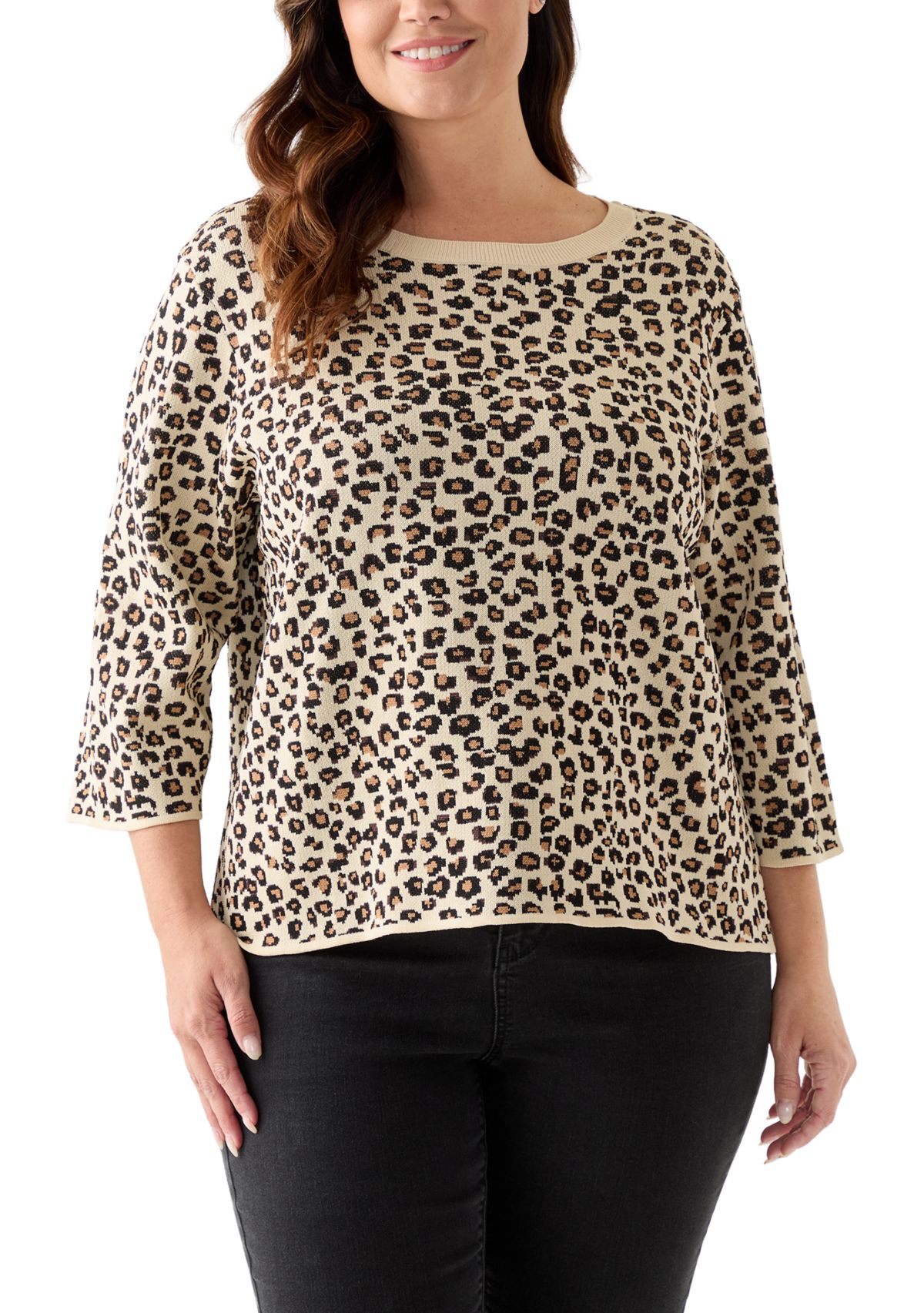 Plus Size 3/4 Crew Animal Jacquard Sweater