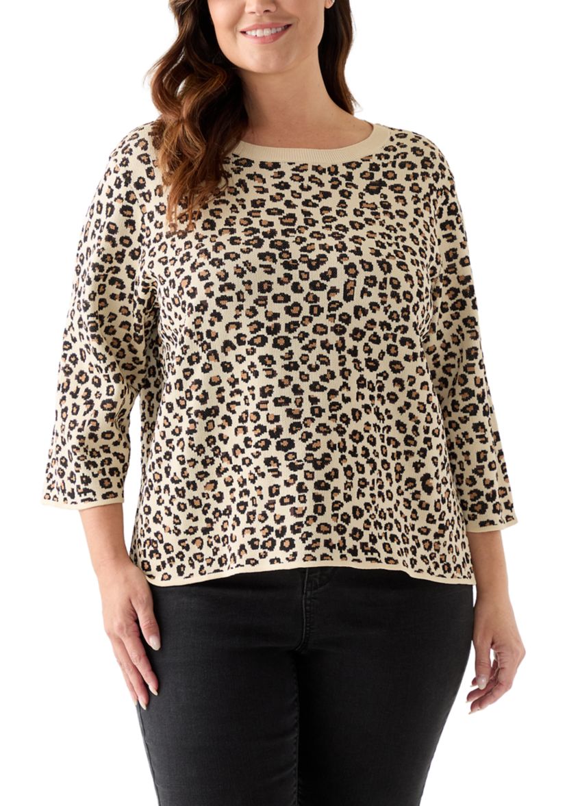 Plus Size 3/4 Crew Animal Jacquard Sweater