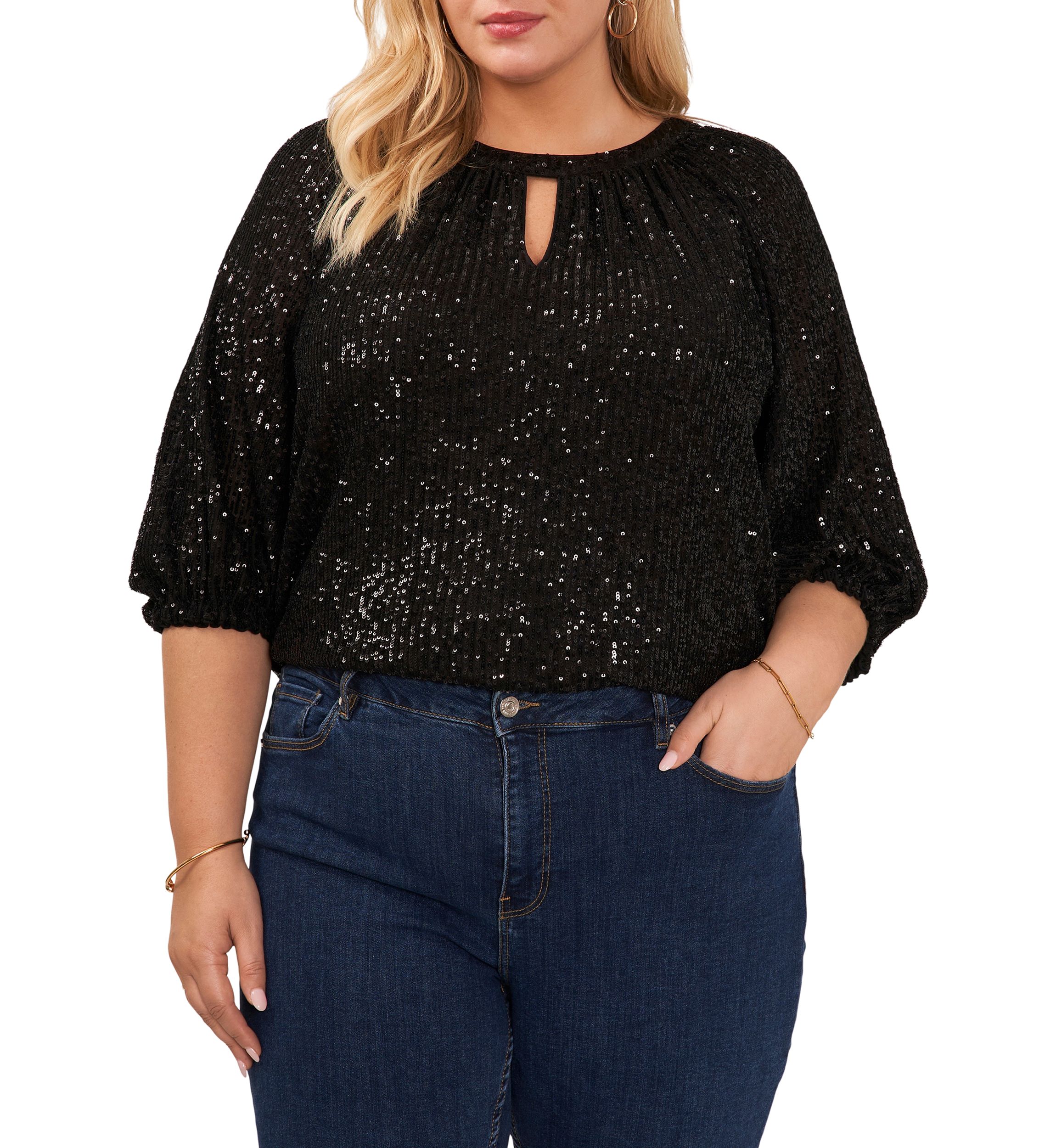 Plus Size Puff Sleeve Keyhole Sequin Top 