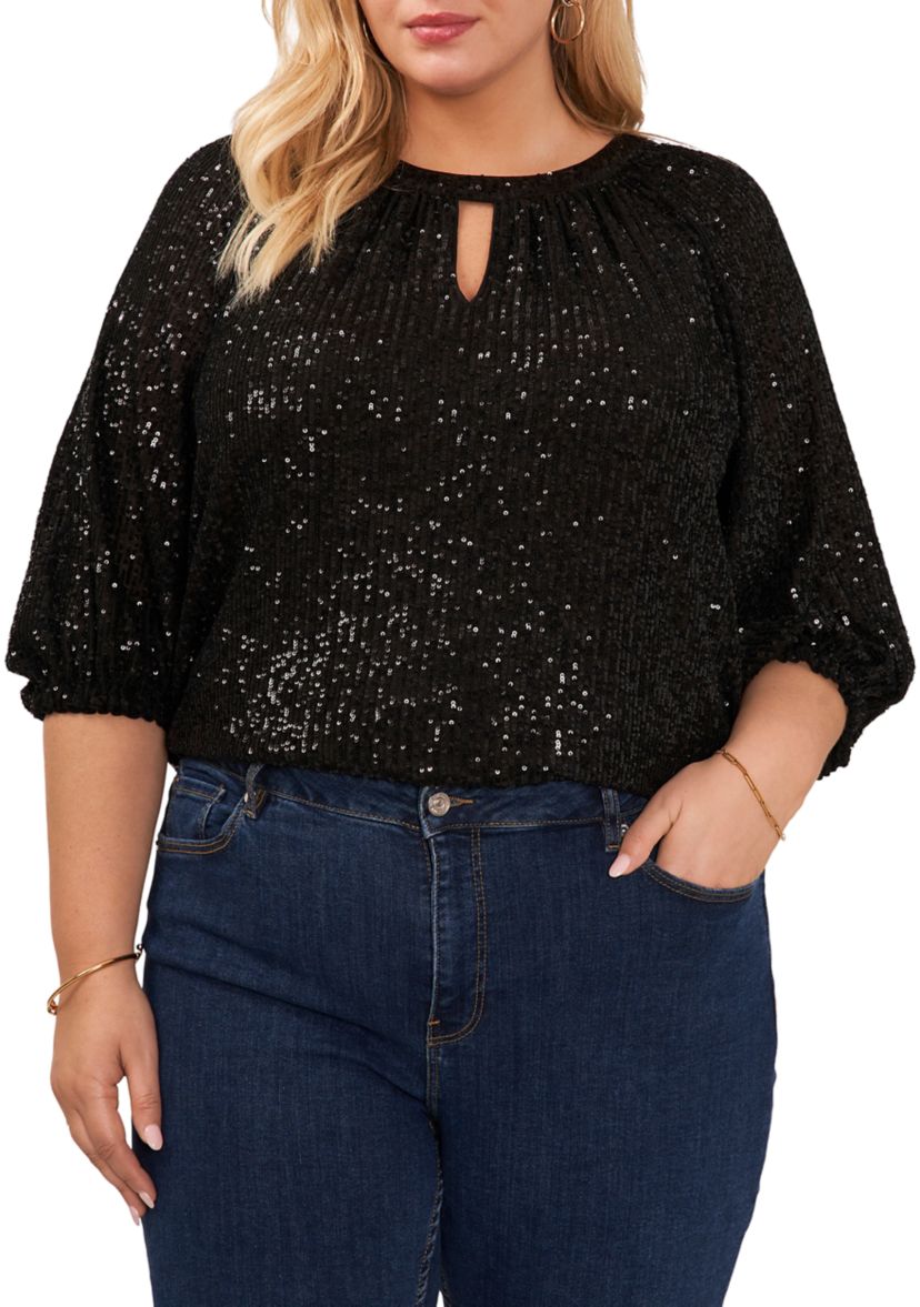 Plus Size Puff Sleeve Keyhole Sequin Top 