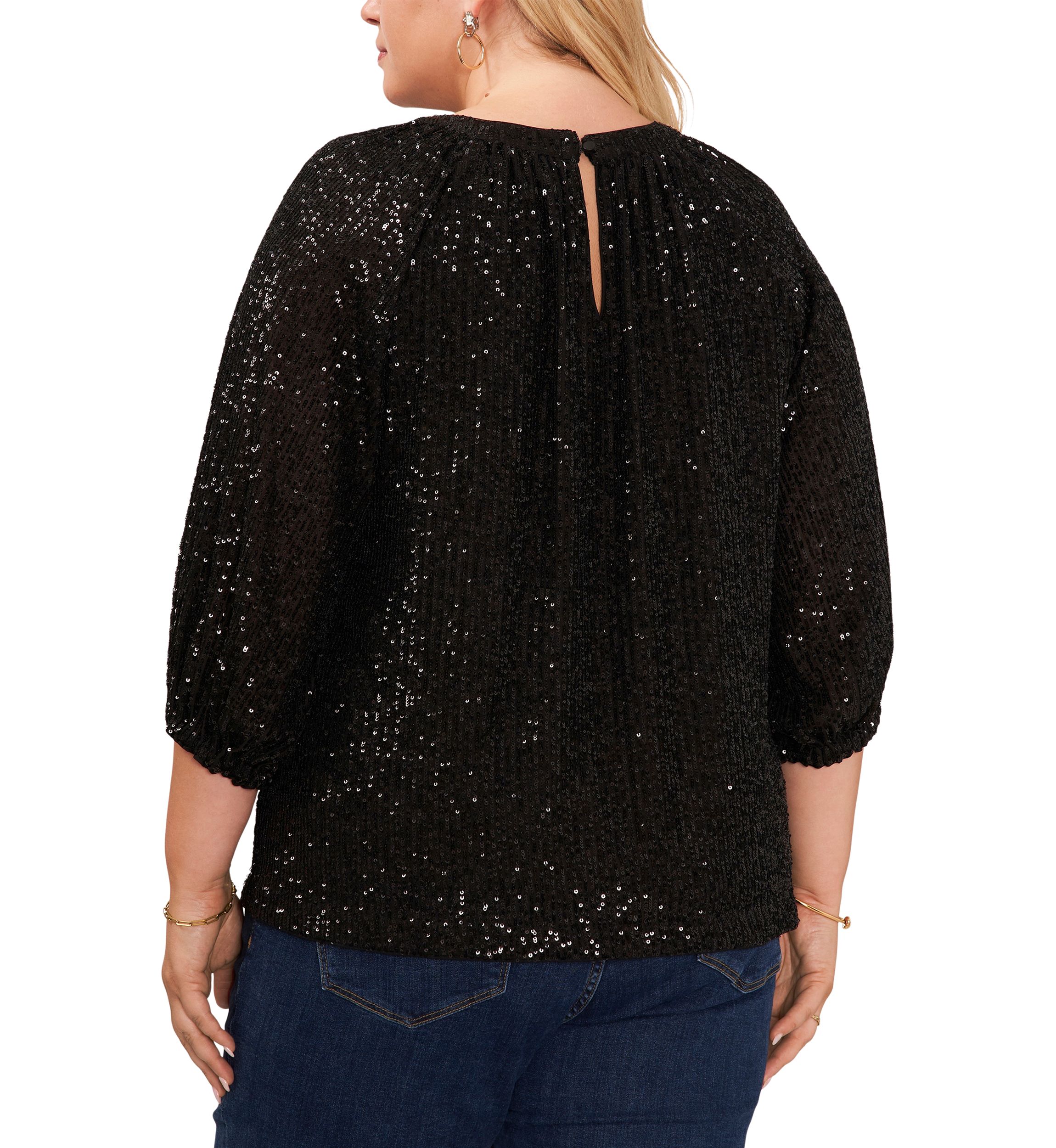 Plus Size Puff Sleeve Keyhole Sequin Top 