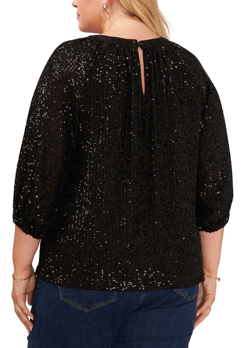 Plus Size Puff Sleeve Keyhole Sequin Top 