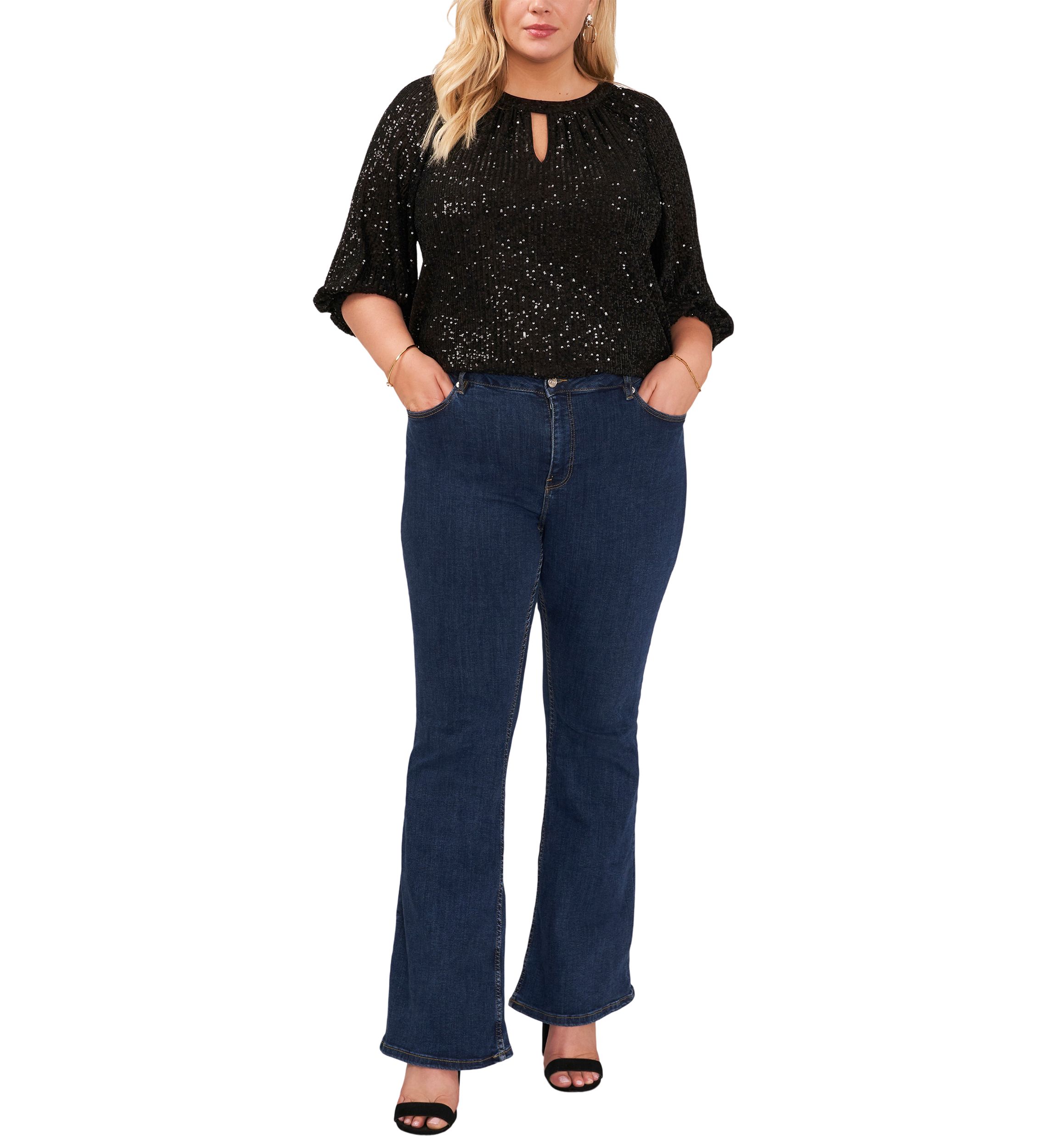 Plus Size Puff Sleeve Keyhole Sequin Top 