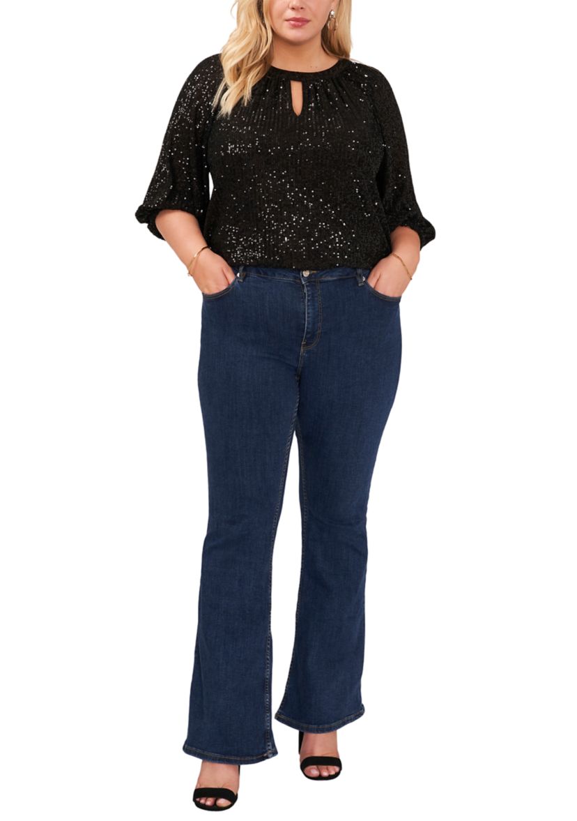 Plus Size Puff Sleeve Keyhole Sequin Top 