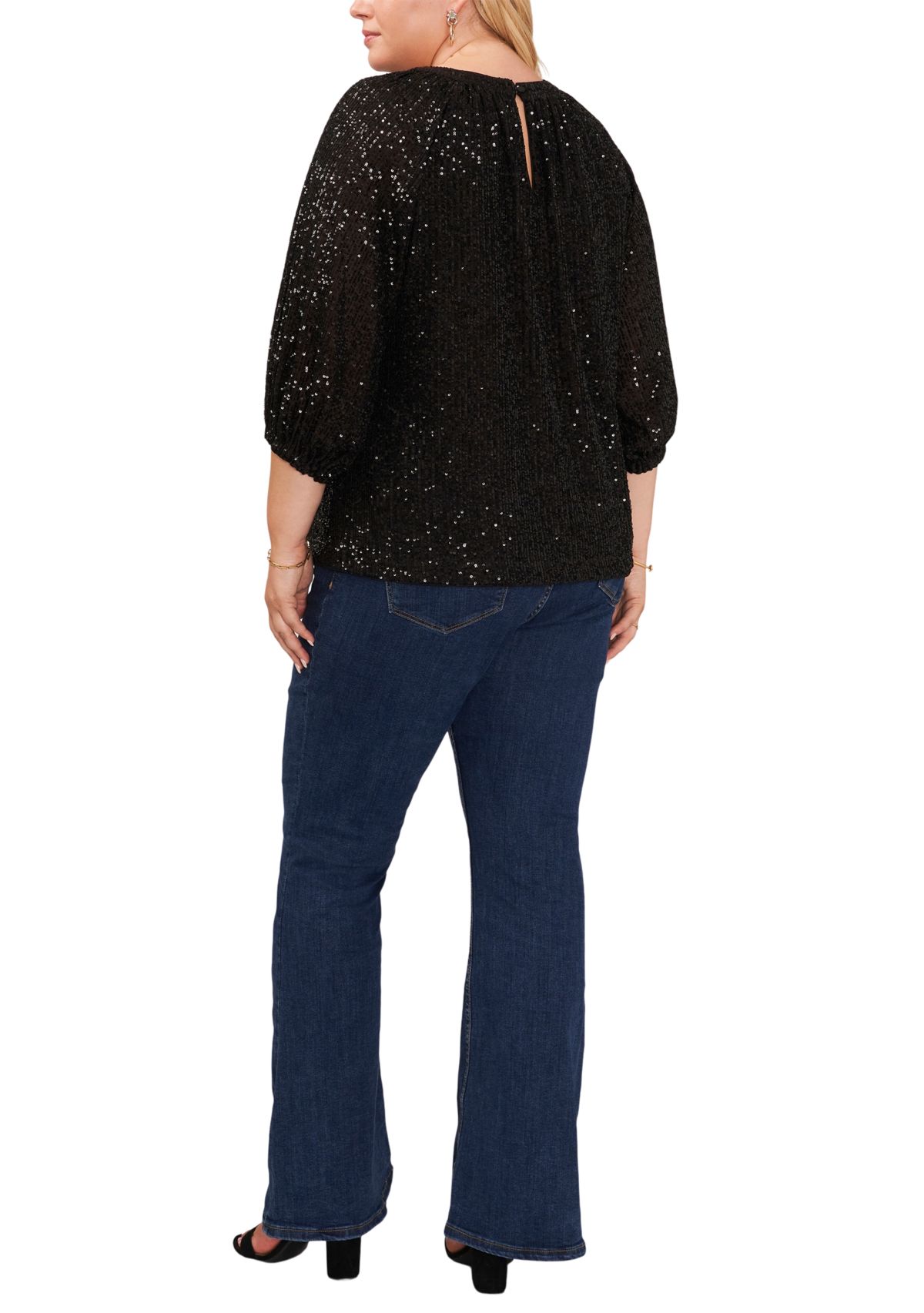 Plus Size Puff Sleeve Keyhole Sequin Top 