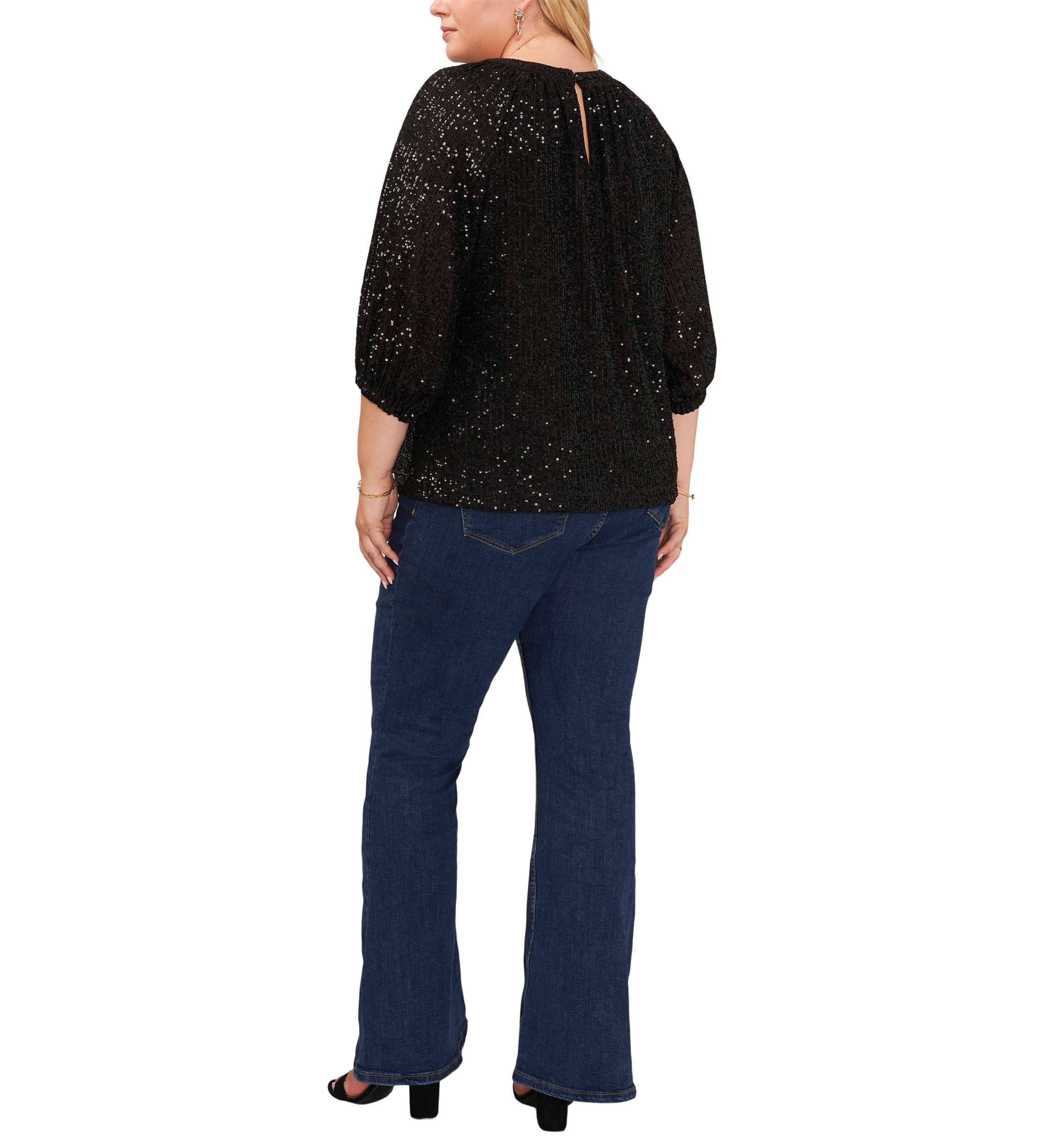 Plus Size Puff Sleeve Keyhole Sequin Top 
