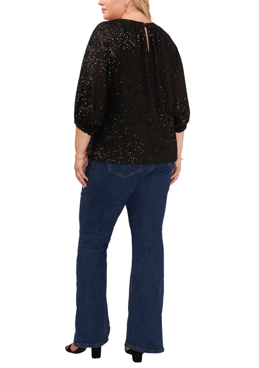 Plus Size Puff Sleeve Keyhole Sequin Top 