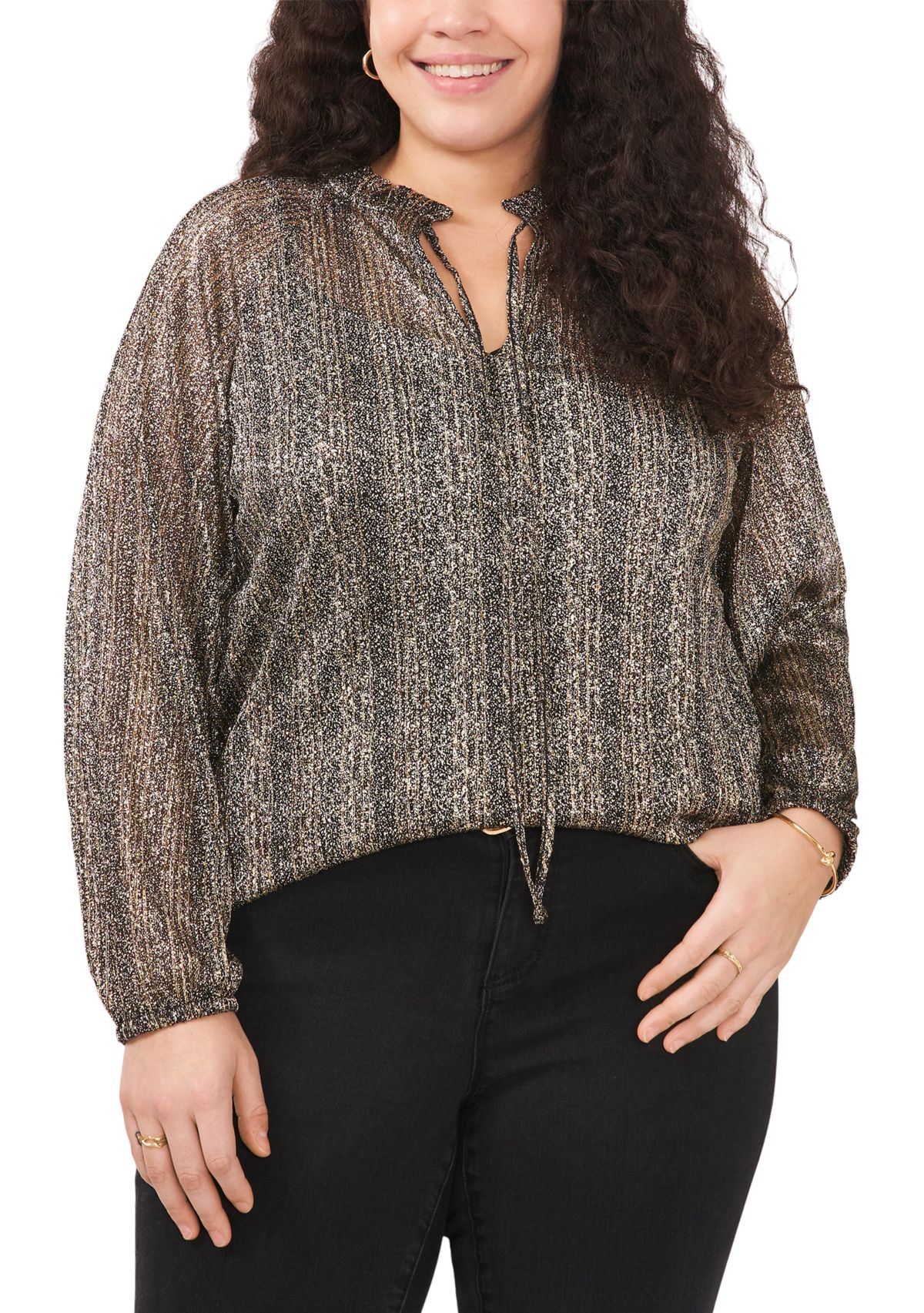 Plus Size Pleated Tie Blouse
