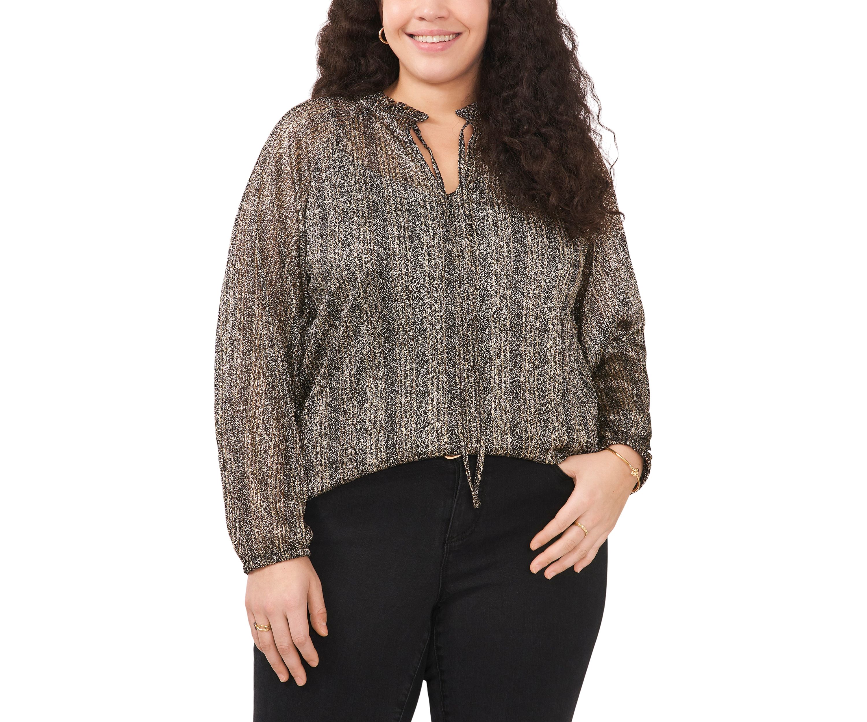 Plus Size Pleated Tie Blouse