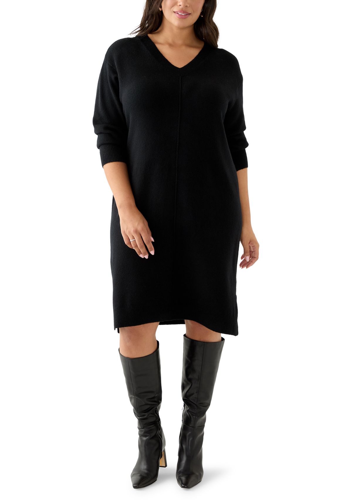 Plus Size Long Sleeve V-Neck Sweater Dress