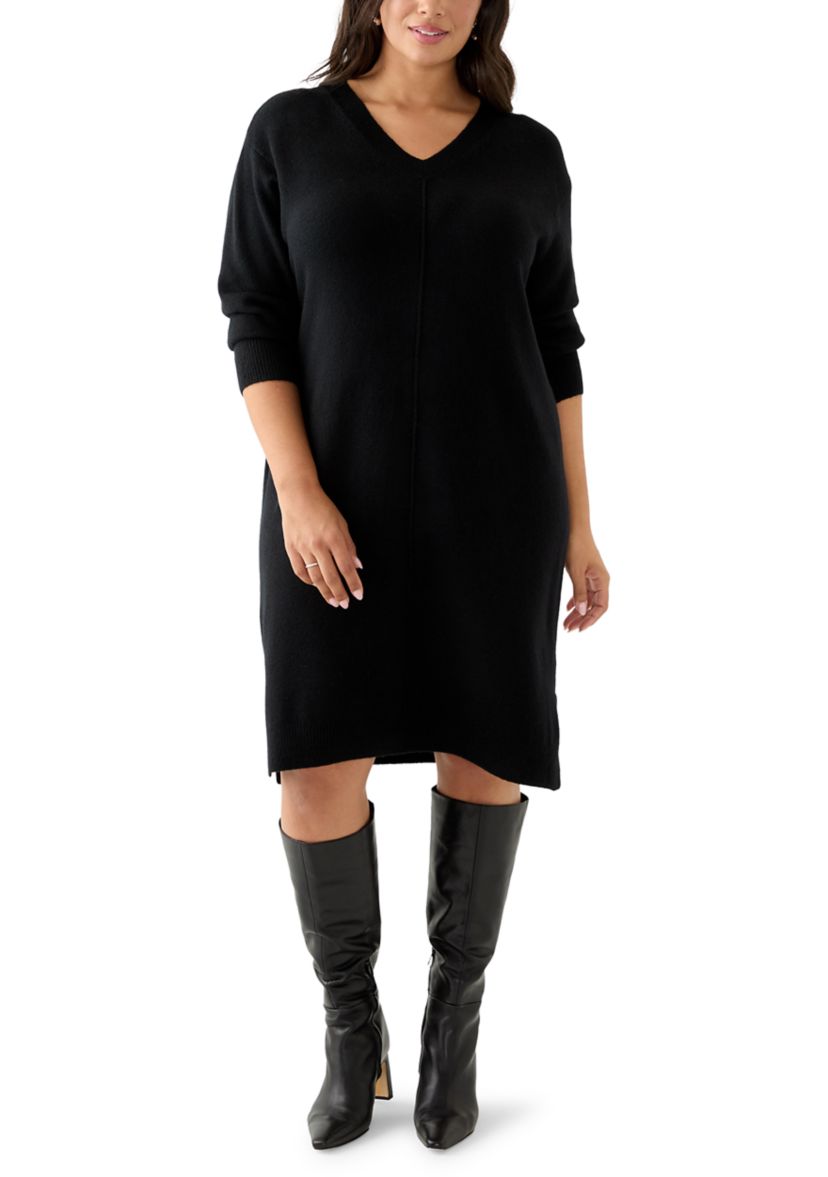 Plus Size Long Sleeve V-Neck Sweater Dress
