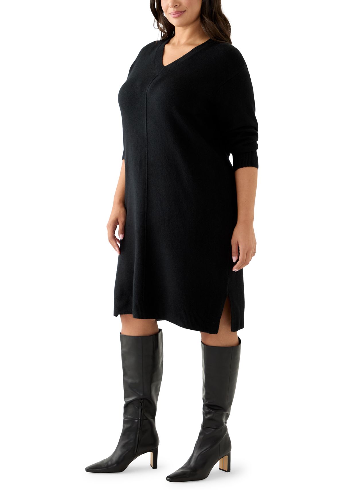 Plus Size Long Sleeve V-Neck Sweater Dress