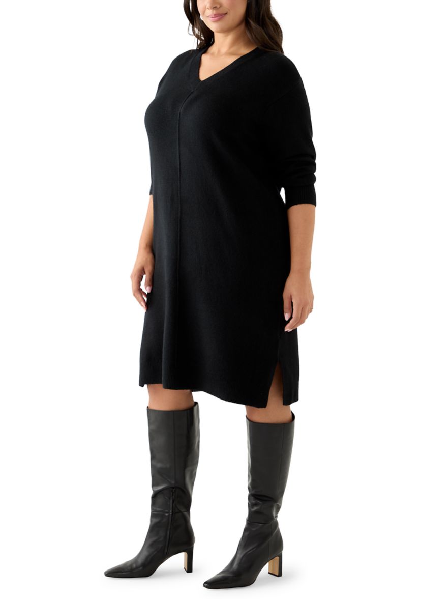 Plus Size Long Sleeve V-Neck Sweater Dress