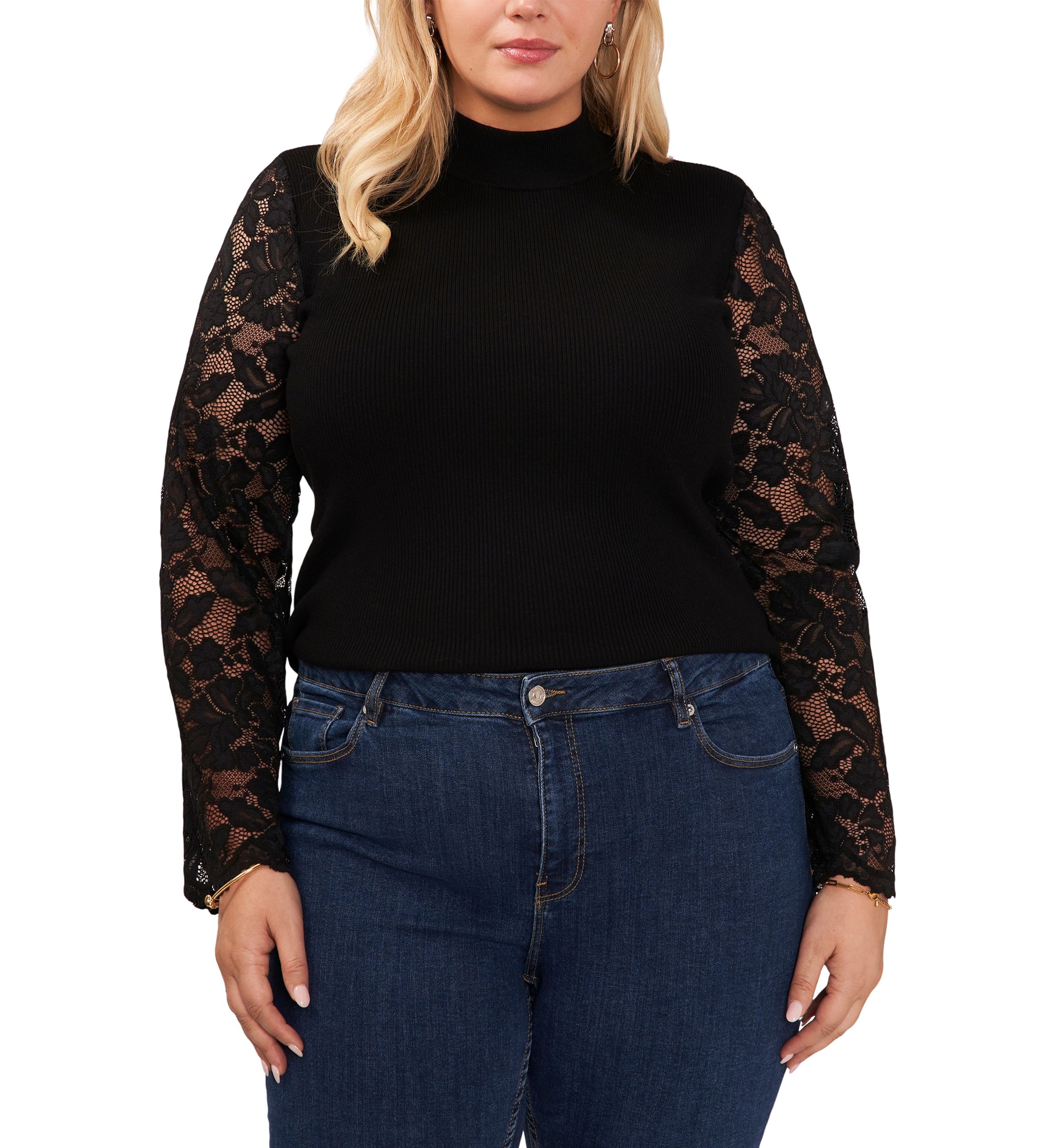 Plus Size Lace Sleeve Mock Neck Sweater 