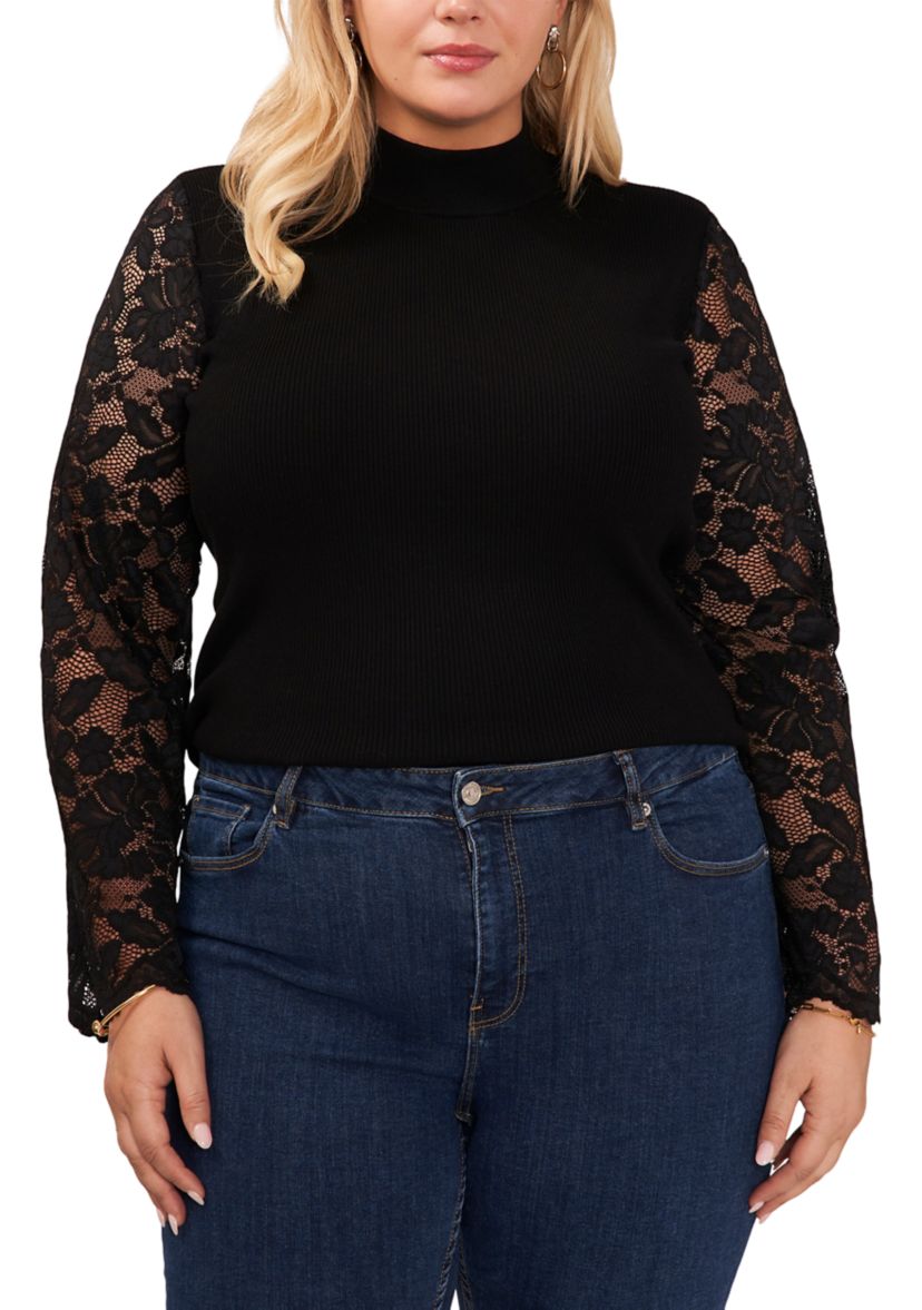 Plus Size Lace Sleeve Mock Neck Sweater 