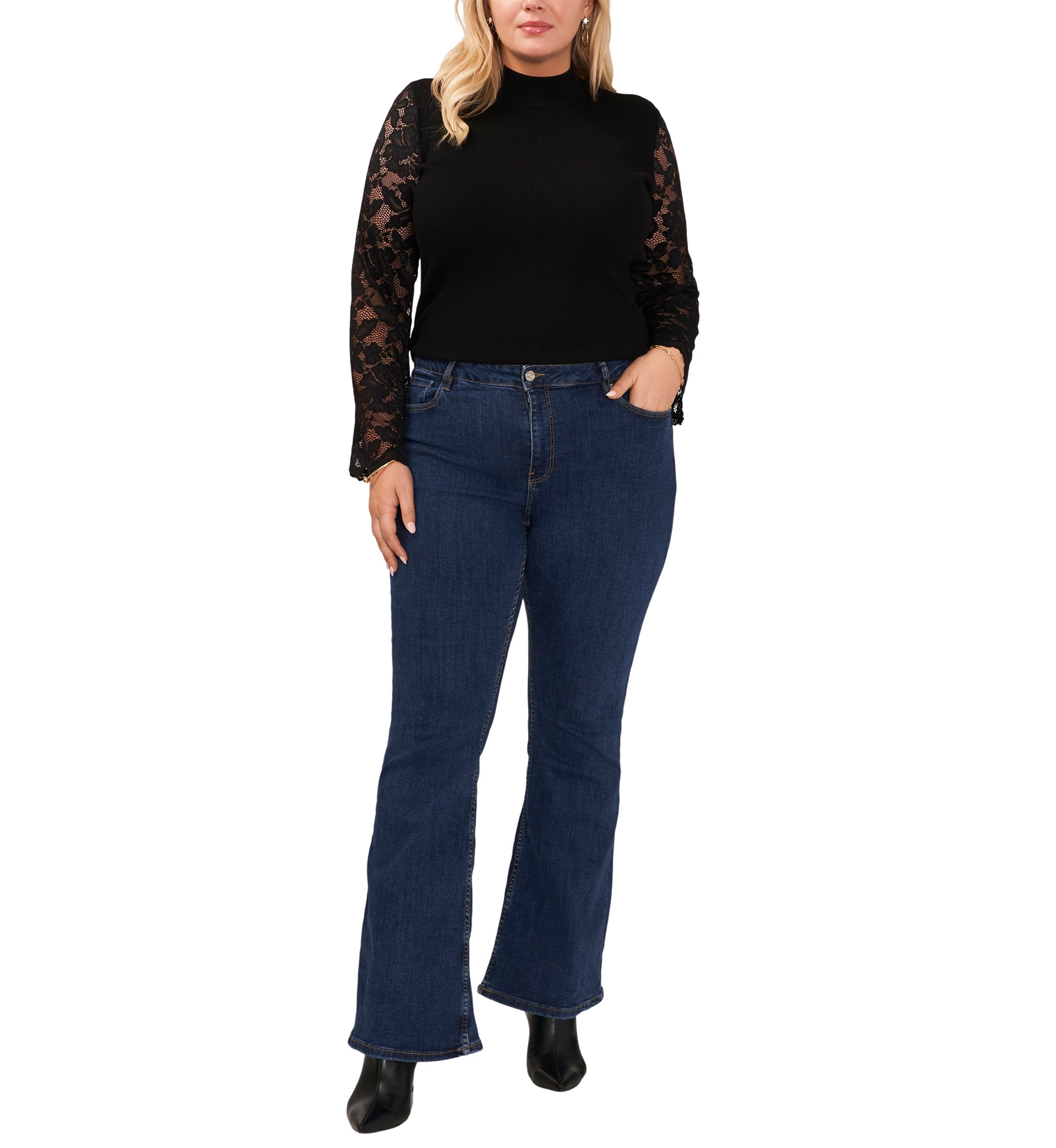Plus Size Lace Sleeve Mock Neck Sweater 