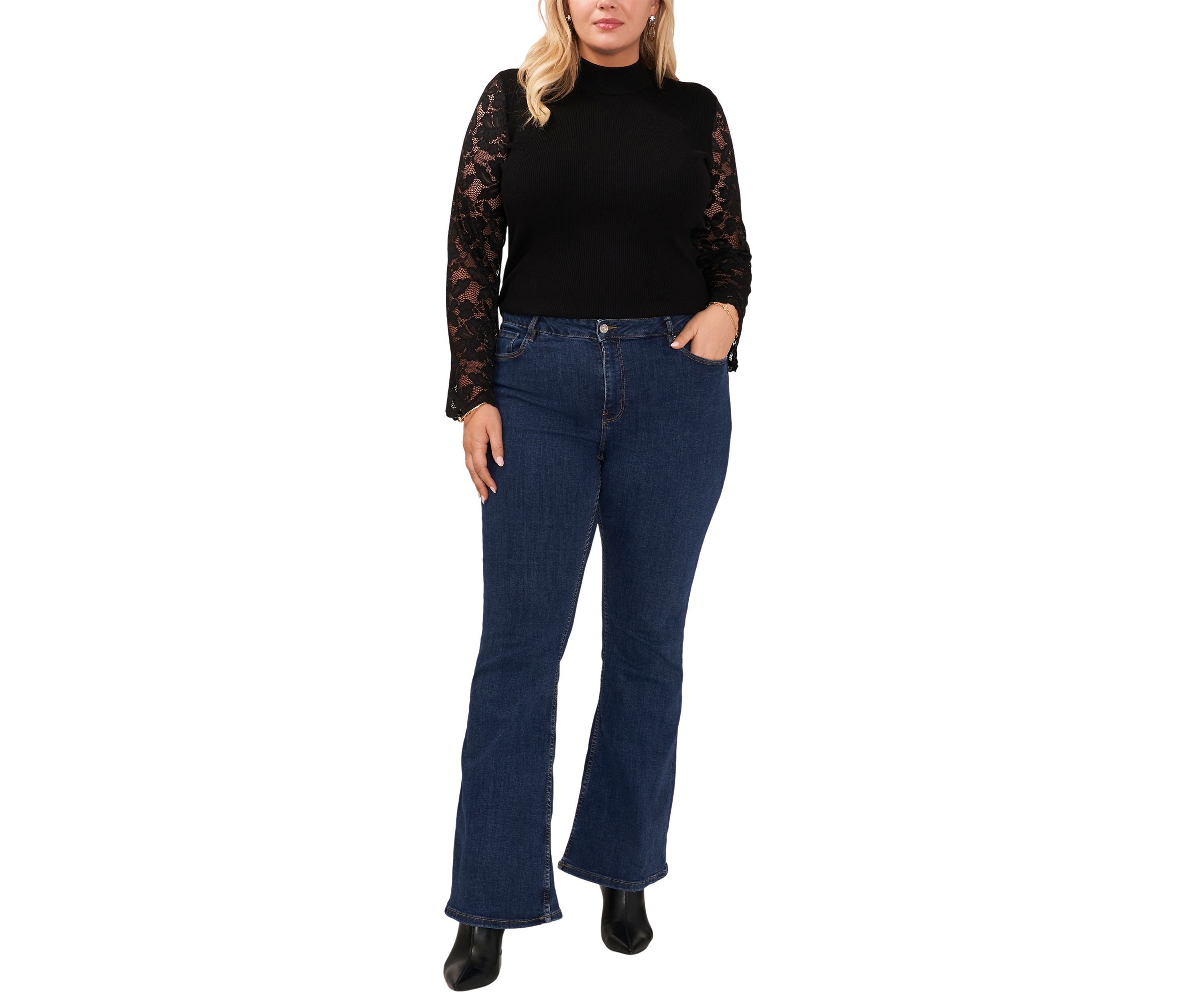 Plus Size Lace Sleeve Mock Neck Sweater 