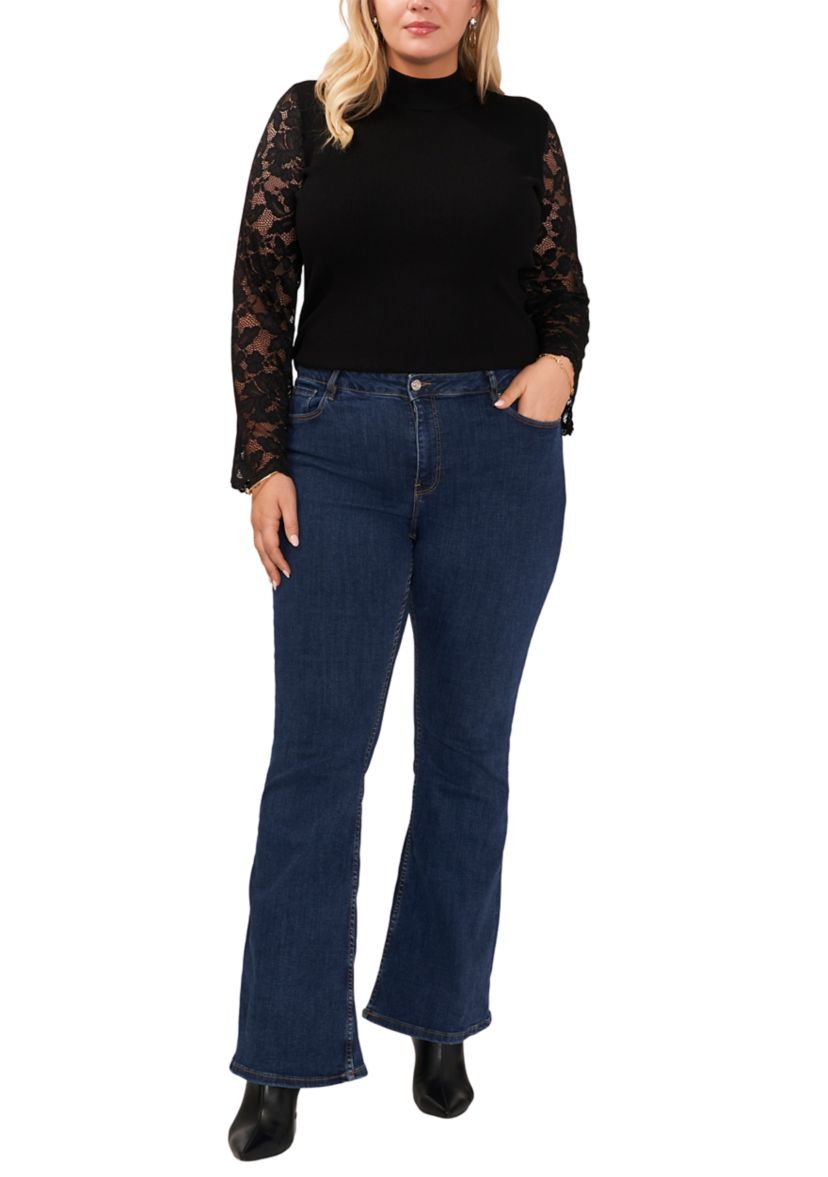 Plus Size Lace Sleeve Mock Neck Sweater 