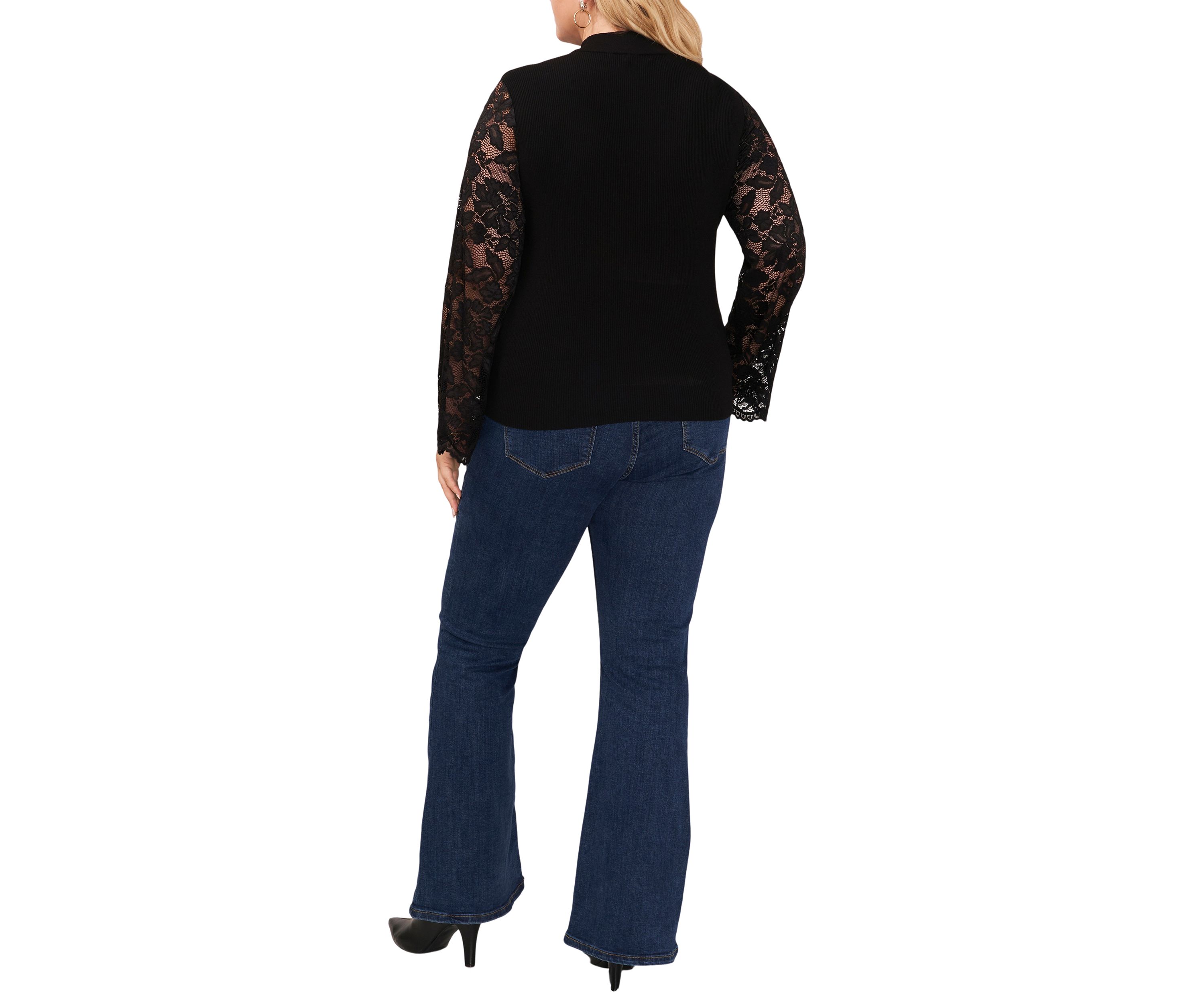 Plus Size Lace Sleeve Mock Neck Sweater 