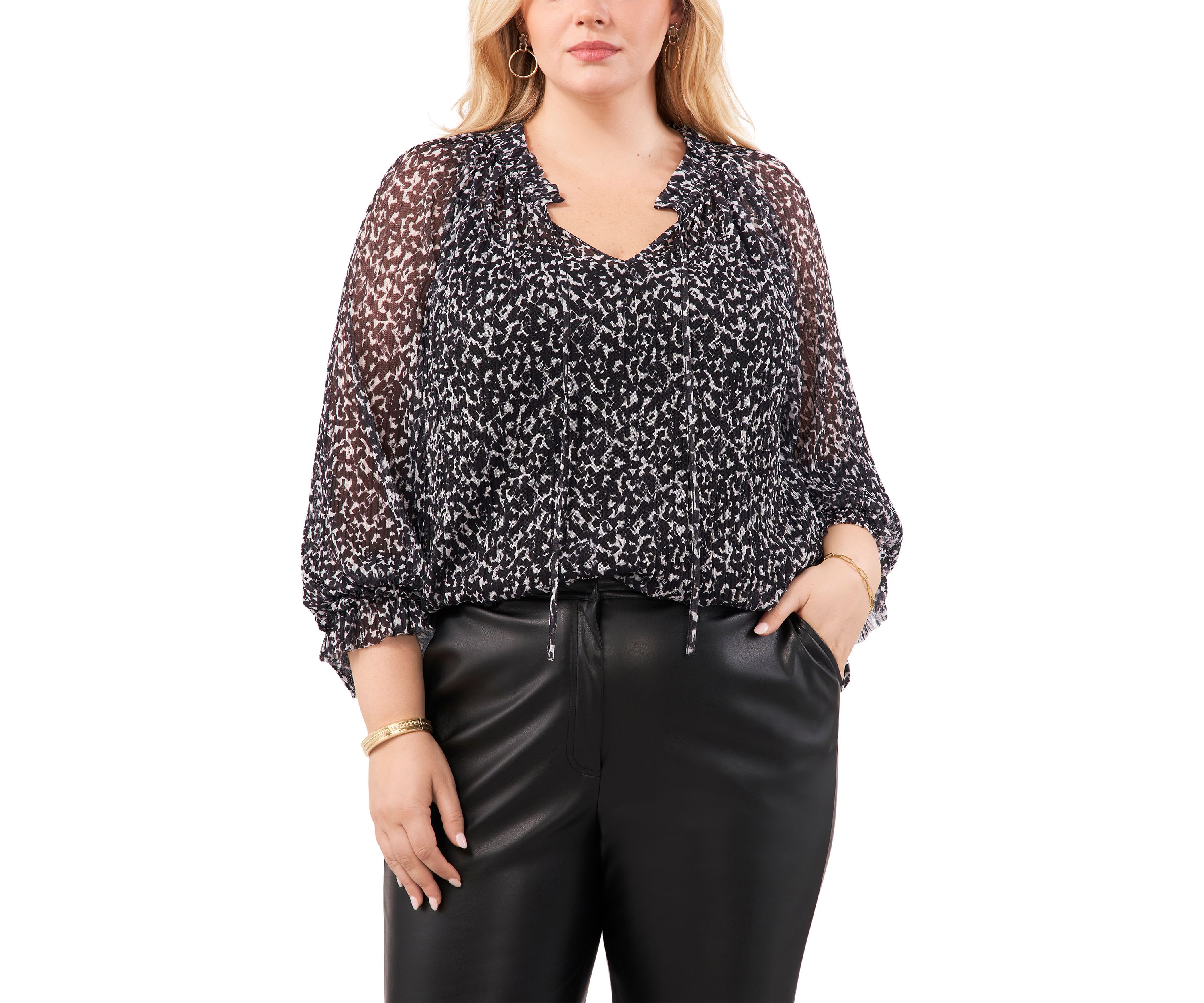 Plus Size Blouson Sleeve Pleated Mesh Peasant Top