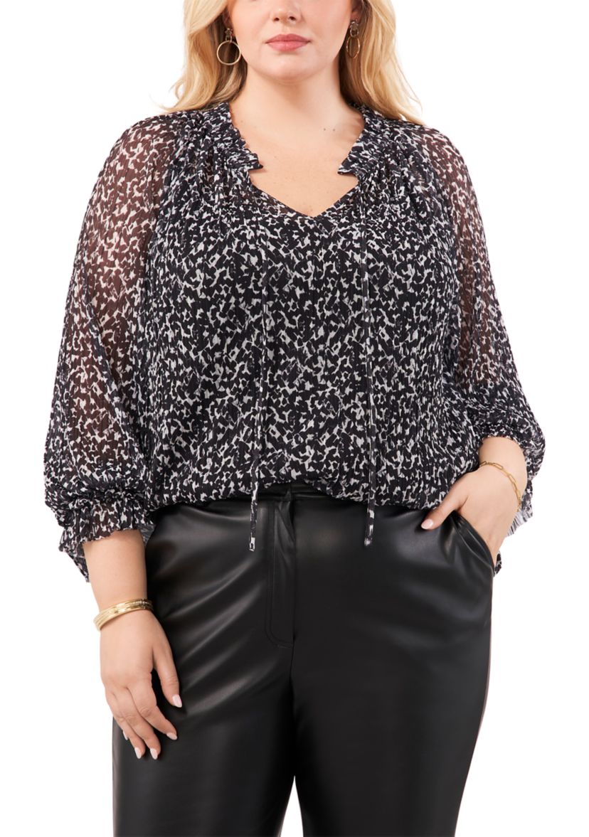 Plus Size Blouson Sleeve Pleated Mesh Peasant Top