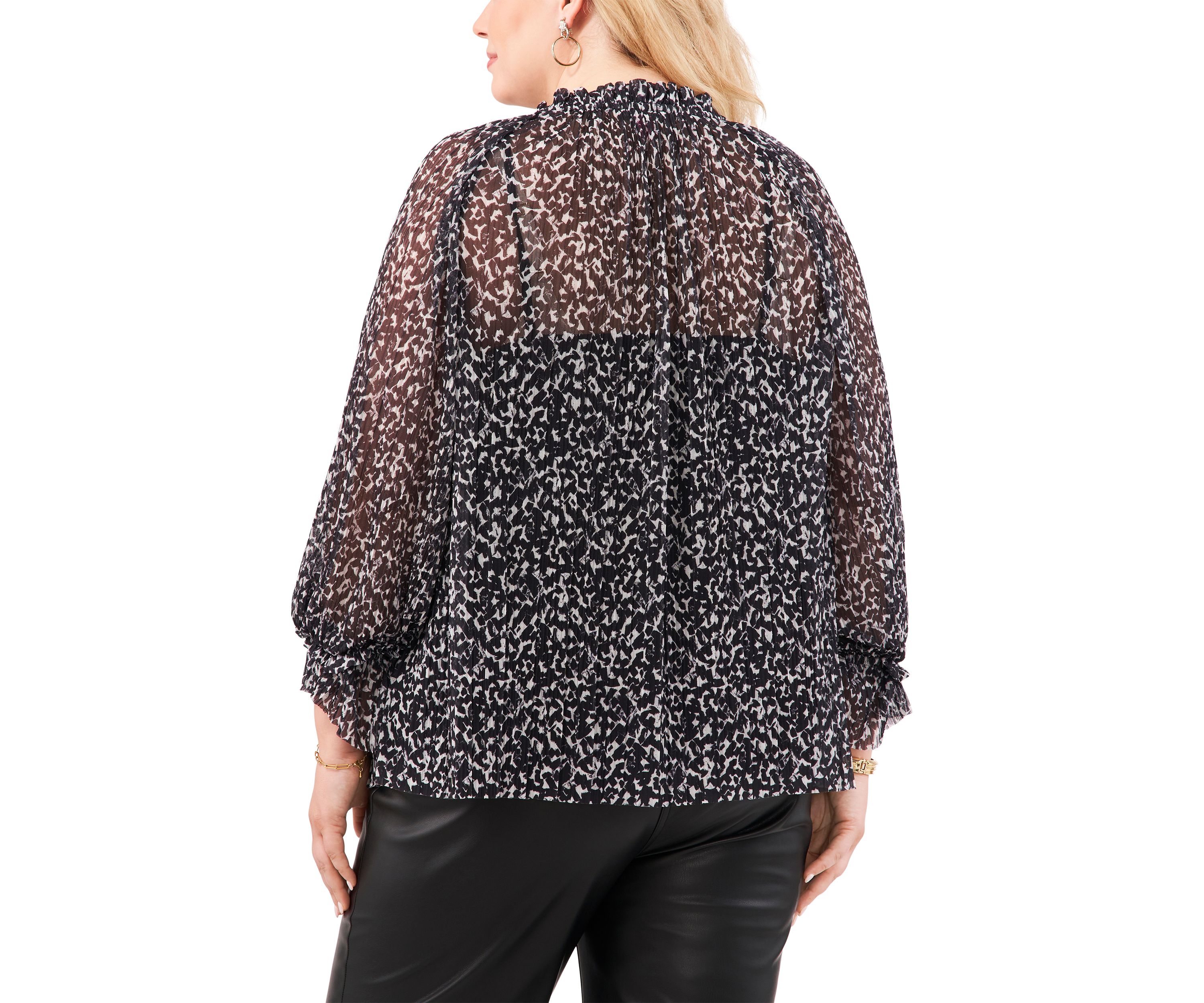Plus Size Blouson Sleeve Pleated Mesh Peasant Top