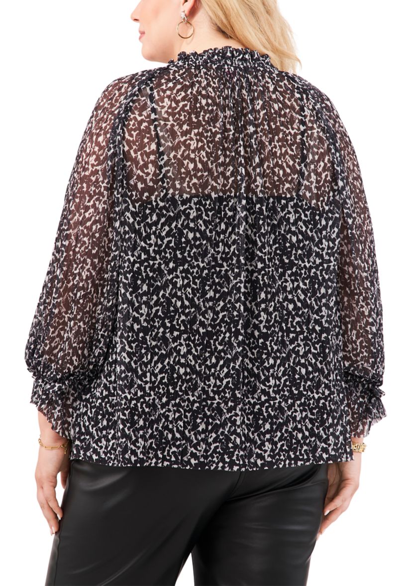 Plus Size Blouson Sleeve Pleated Mesh Peasant Top