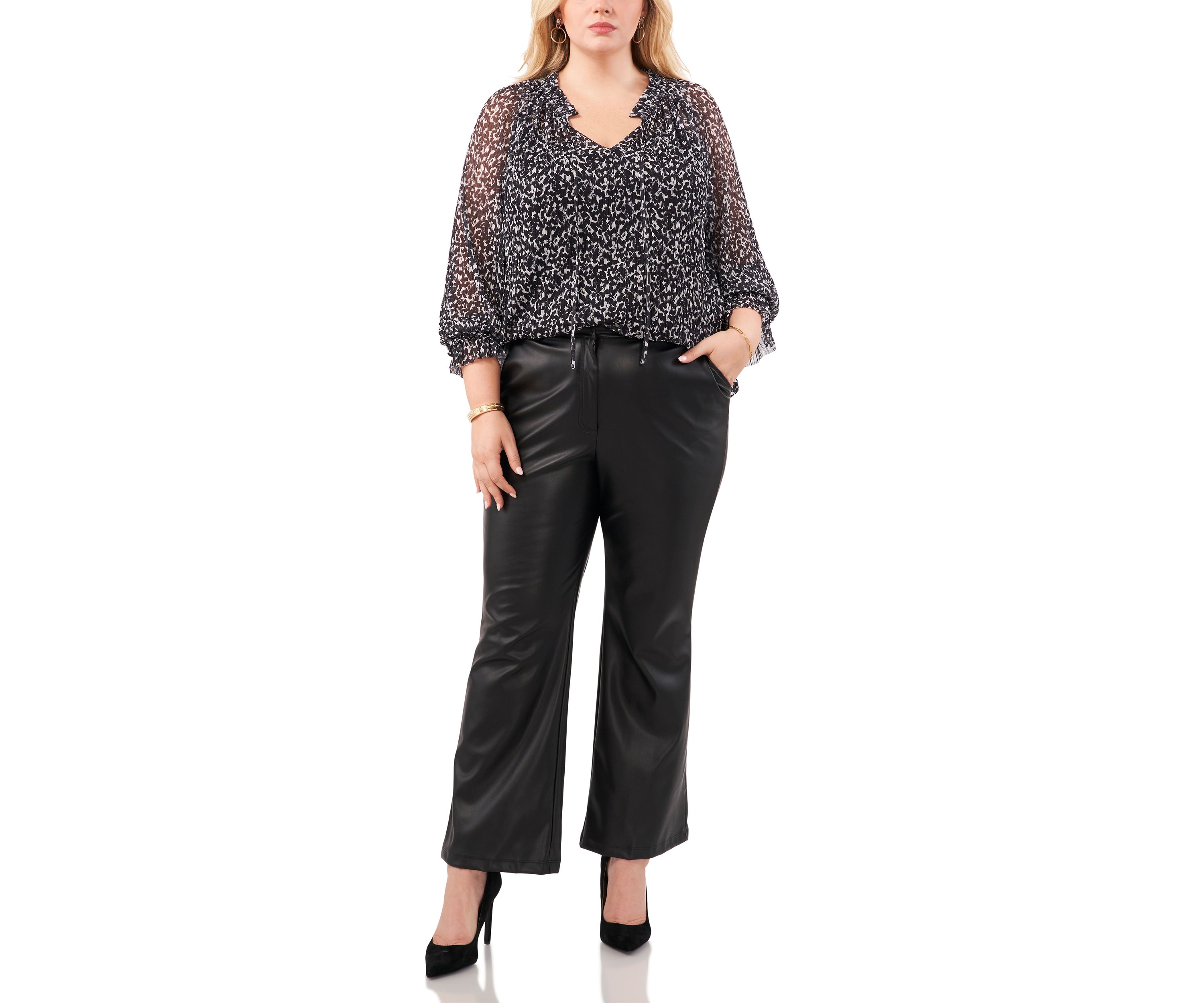 Plus Size Blouson Sleeve Pleated Mesh Peasant Top
