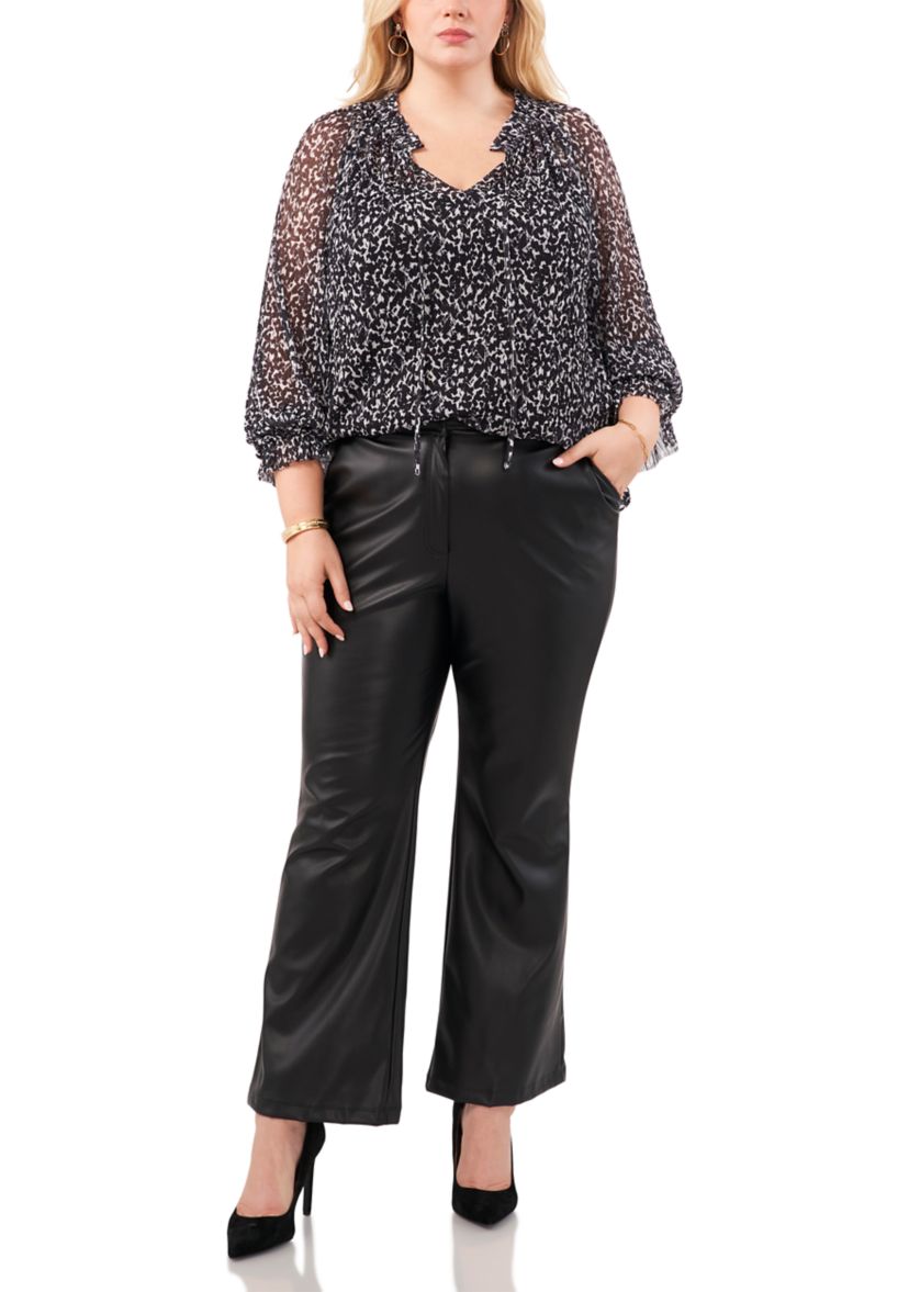 Plus Size Blouson Sleeve Pleated Mesh Peasant Top