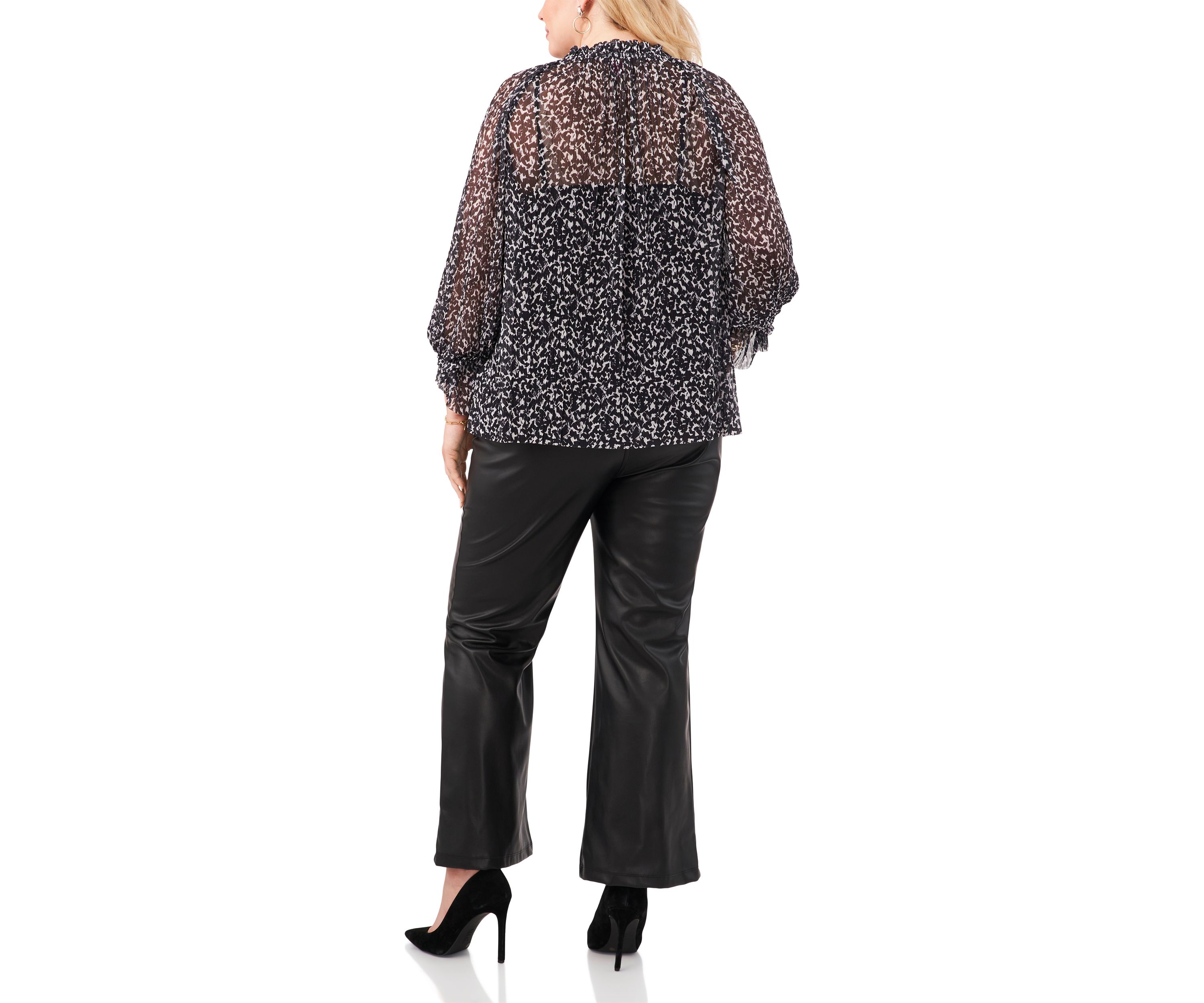 Plus Size Blouson Sleeve Pleated Mesh Peasant Top