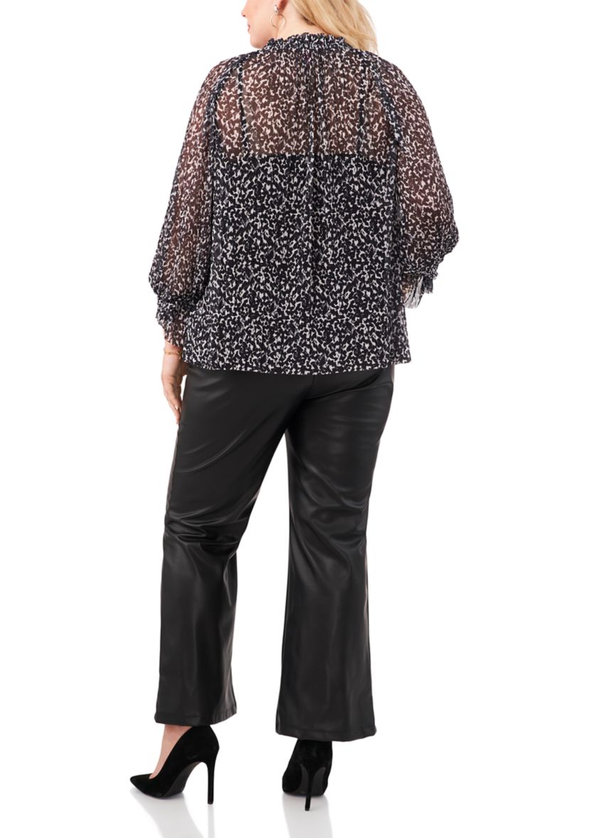Plus Size Blouson Sleeve Pleated Mesh Peasant Top