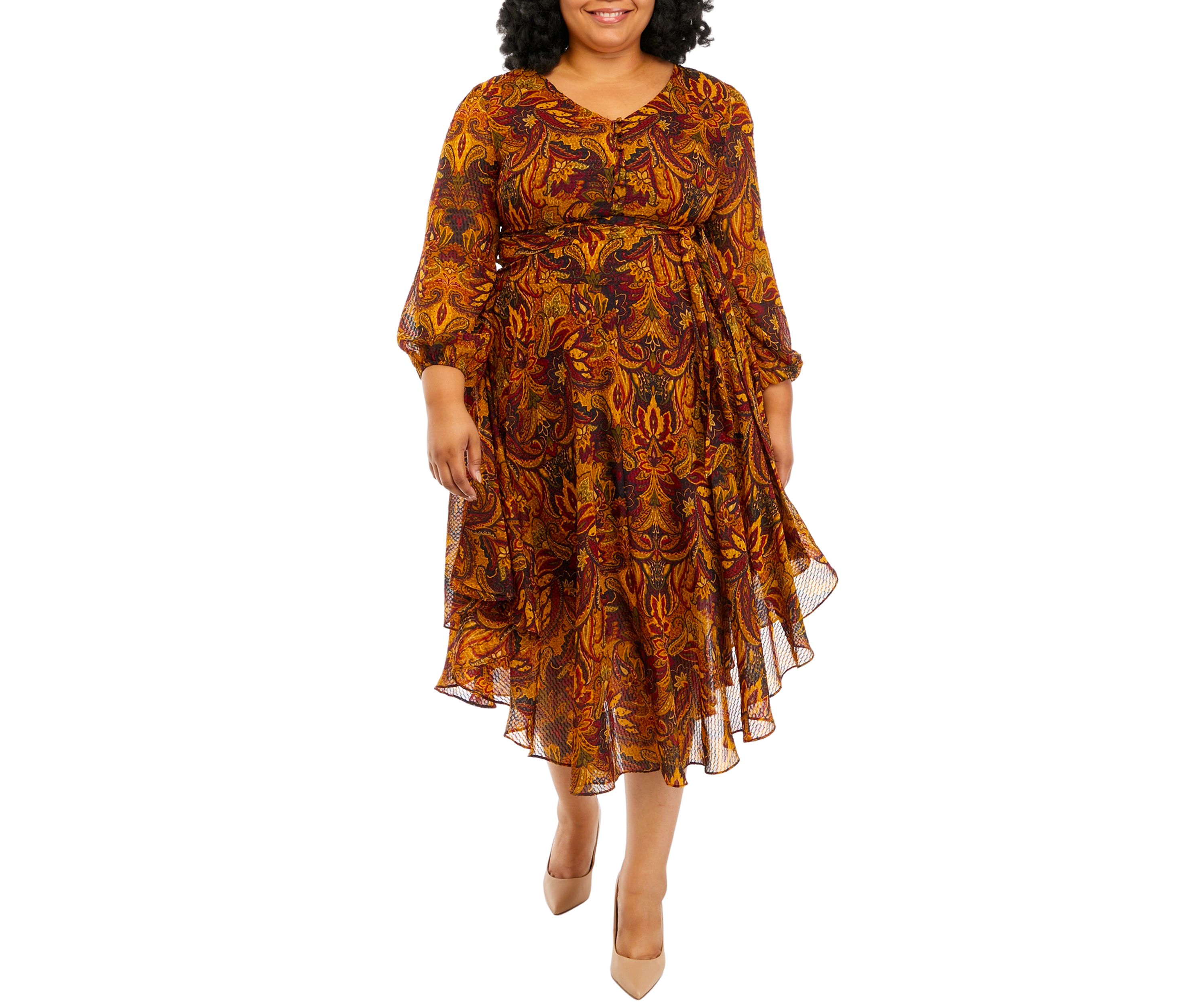 Plus Size Long Sleeve V-Neck Maxi Dress with Asymmetrical Hem