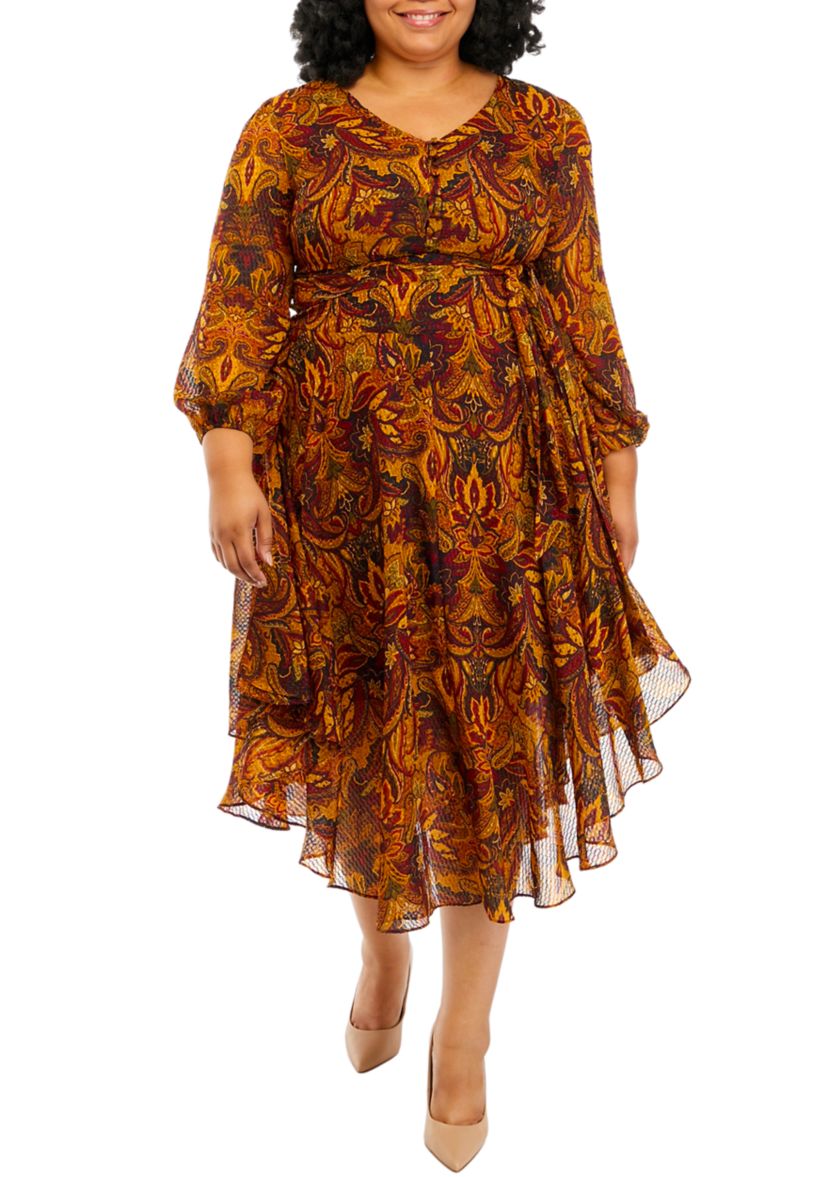 Plus Size Long Sleeve V-Neck Maxi Dress with Asymmetrical Hem