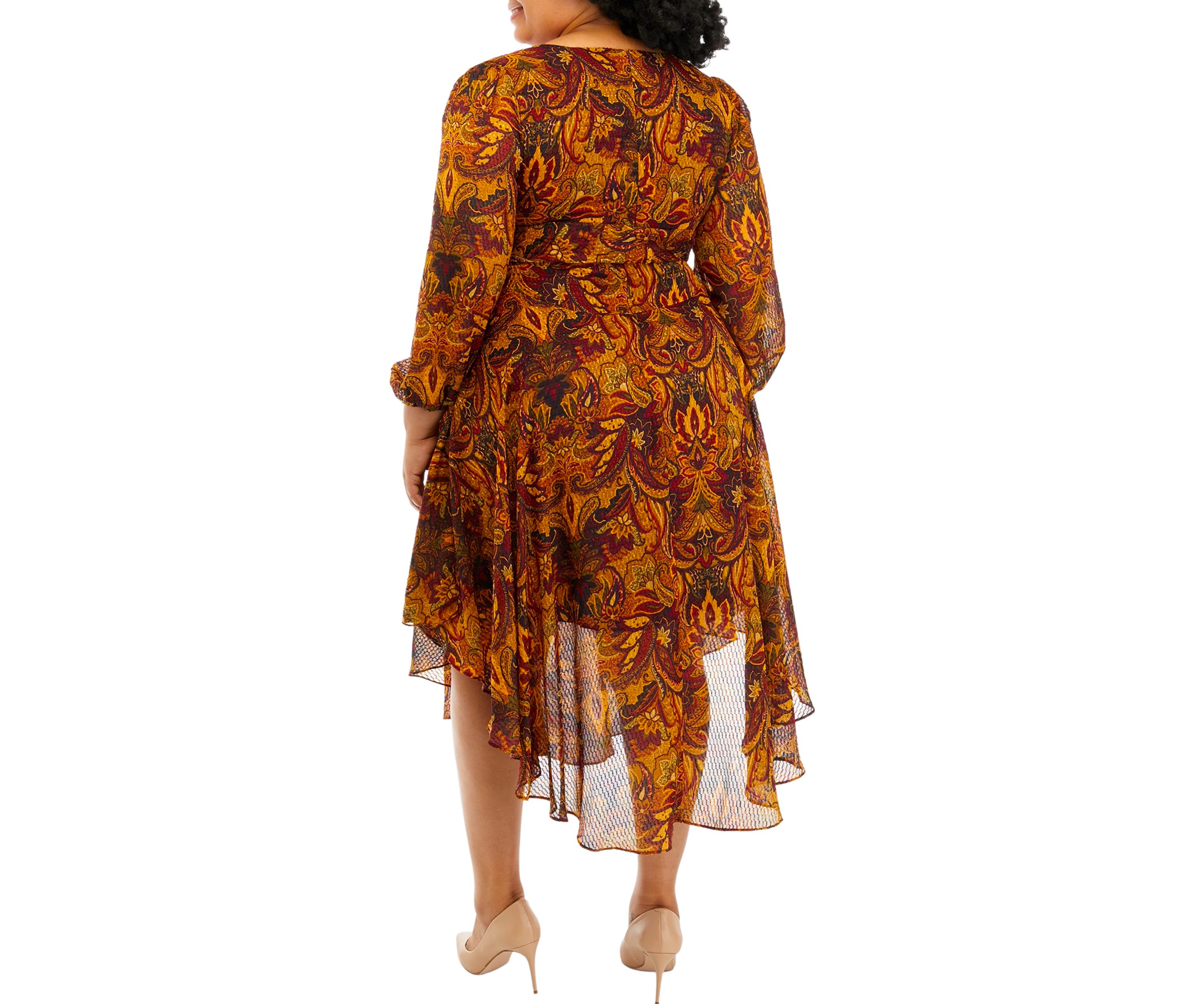 Plus Size Long Sleeve V-Neck Maxi Dress with Asymmetrical Hem