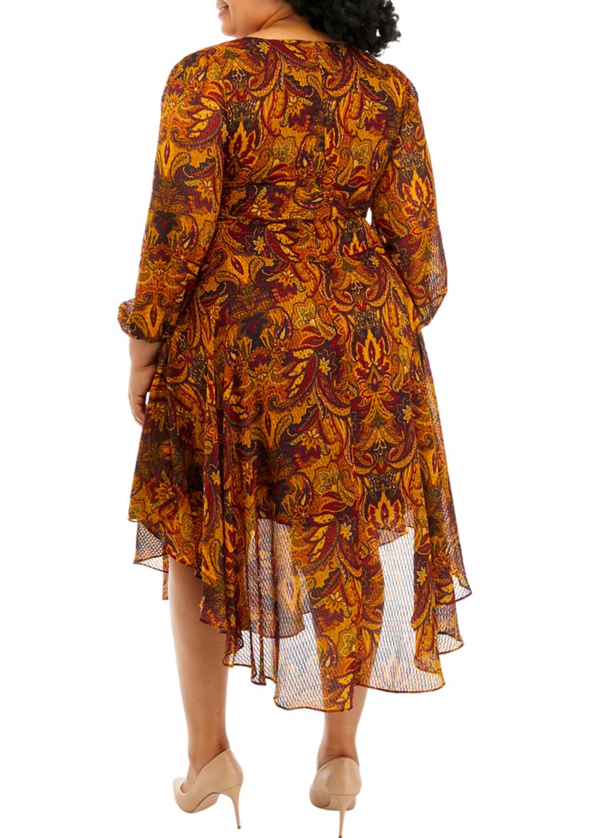 Plus Size Long Sleeve V-Neck Maxi Dress with Asymmetrical Hem