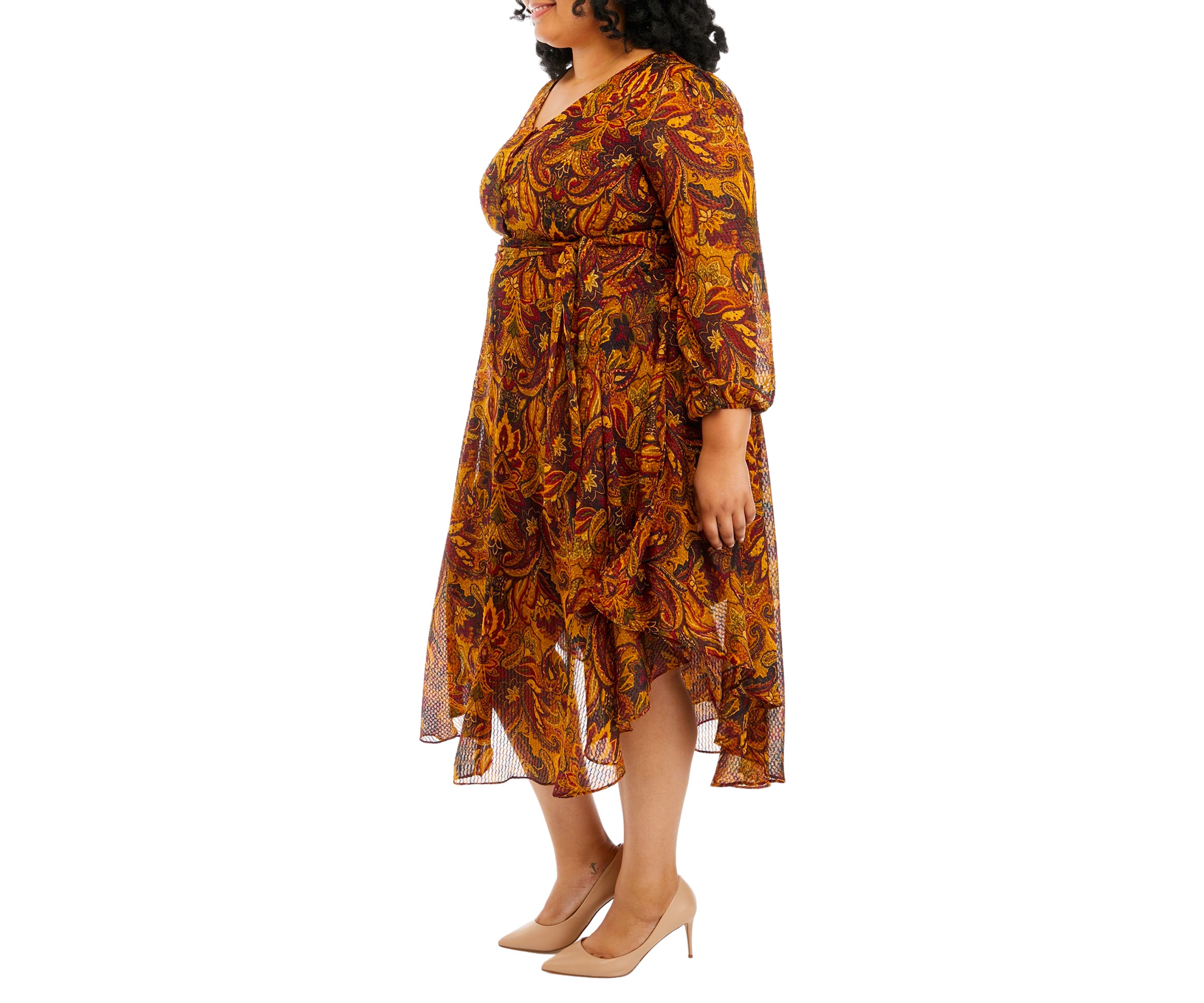 Plus Size Long Sleeve V-Neck Maxi Dress with Asymmetrical Hem
