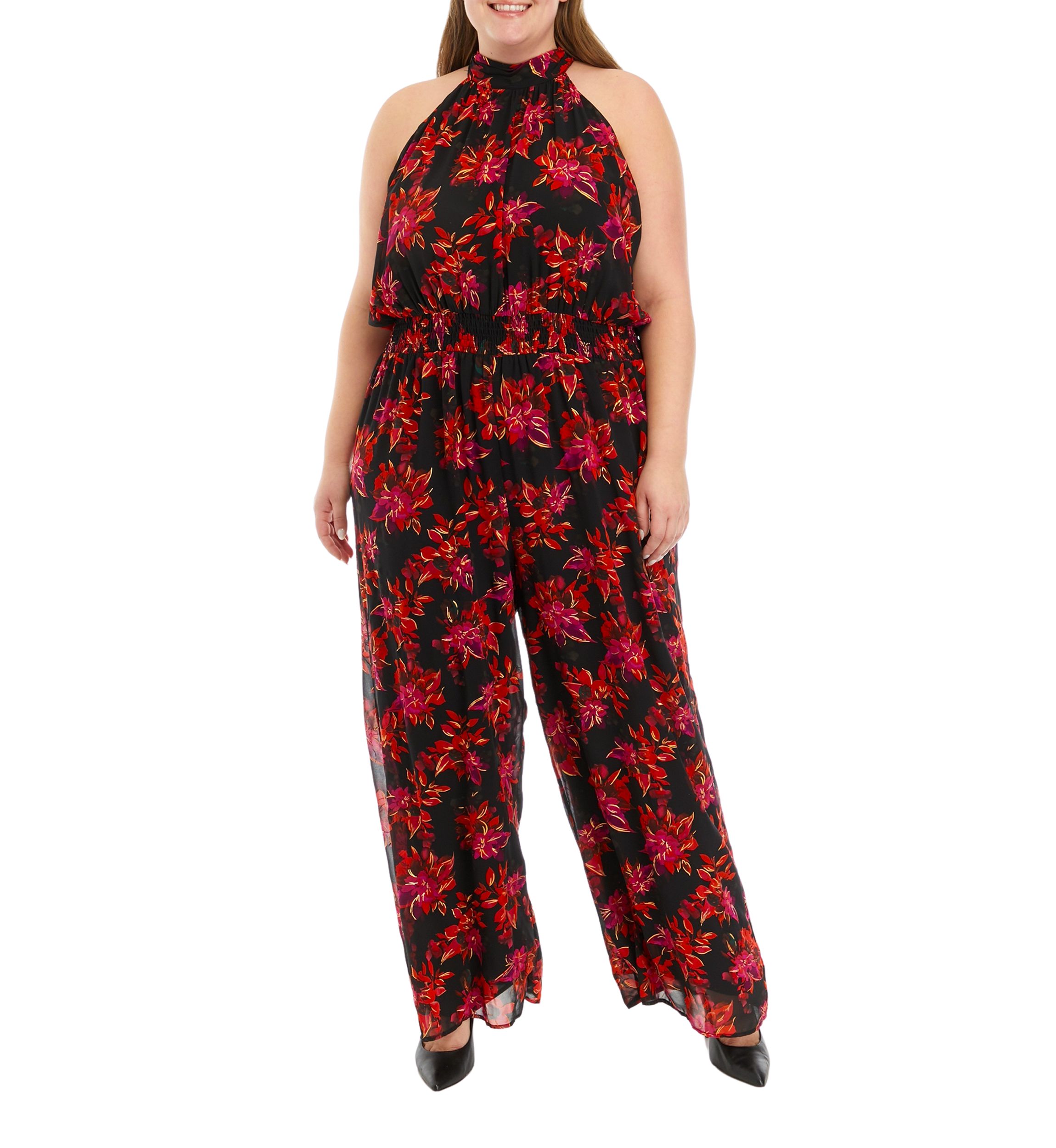 Plus Size Sleeveless Floral Halter Jumpsuit 