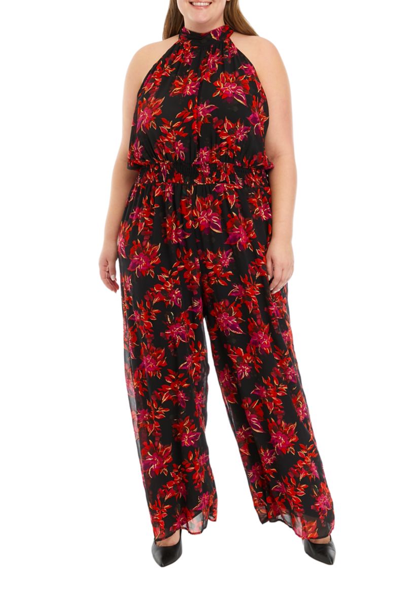 Plus Size Sleeveless Floral Halter Jumpsuit 