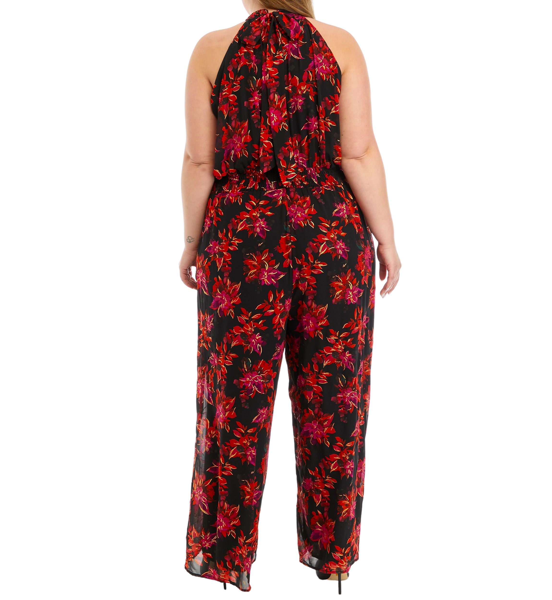 Plus Size Sleeveless Floral Halter Jumpsuit 