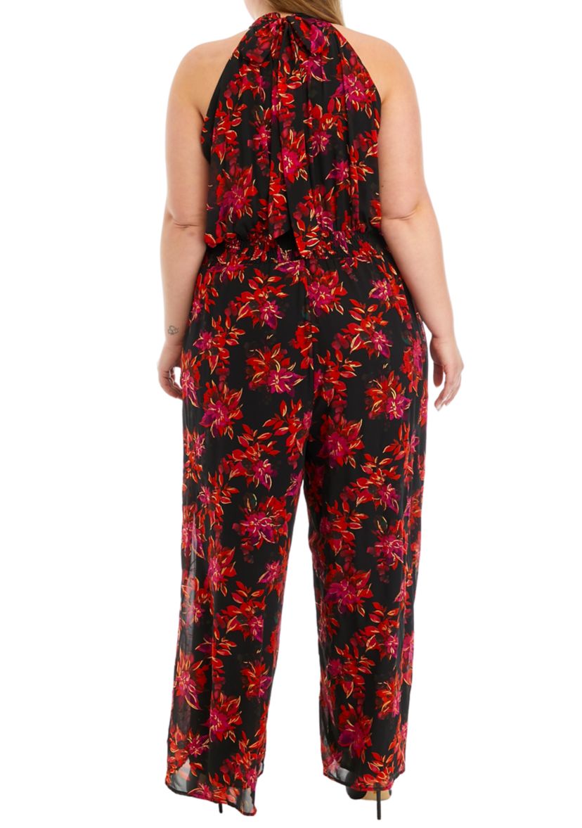Plus Size Sleeveless Floral Halter Jumpsuit 