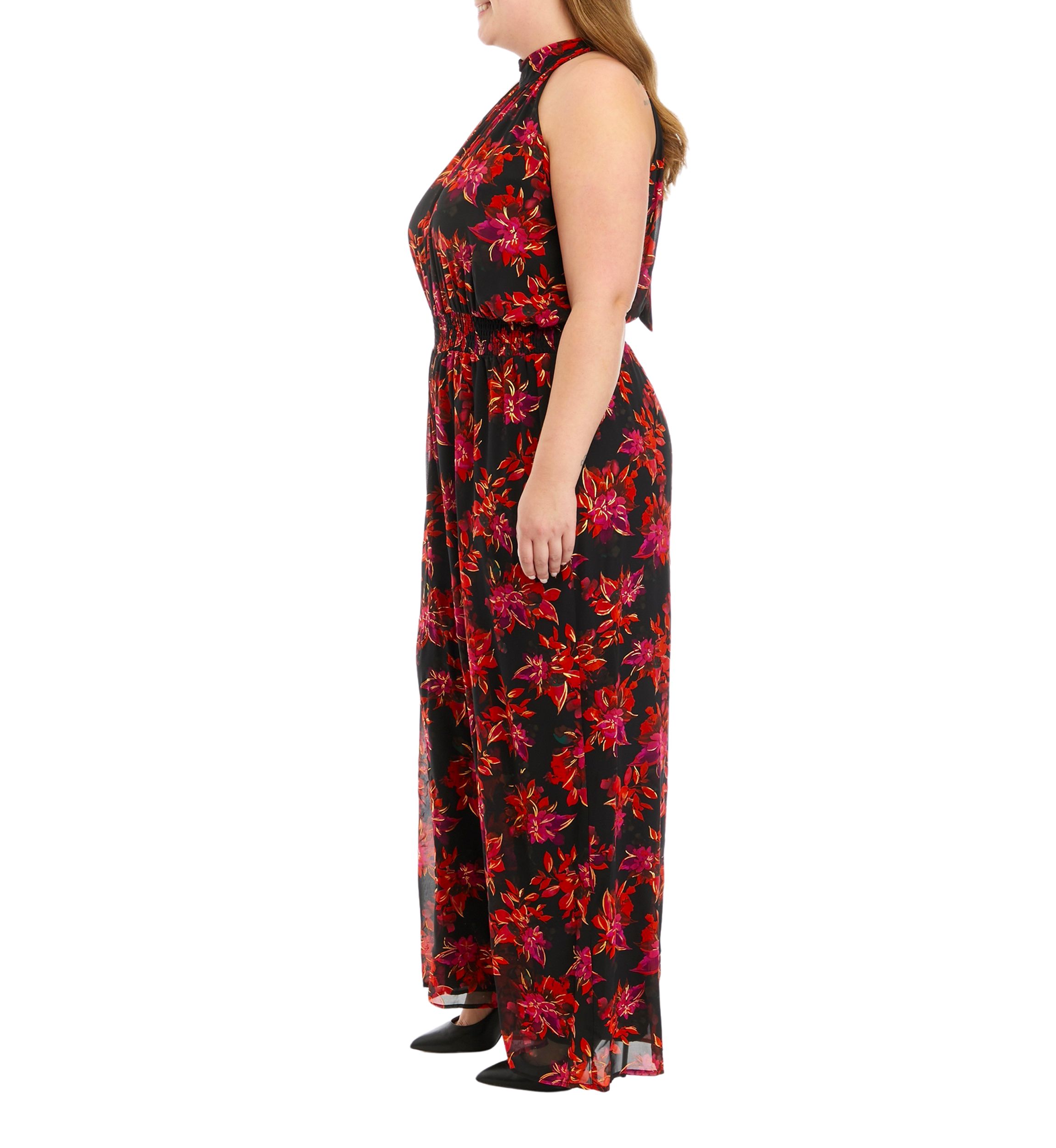 Plus Size Sleeveless Floral Halter Jumpsuit 